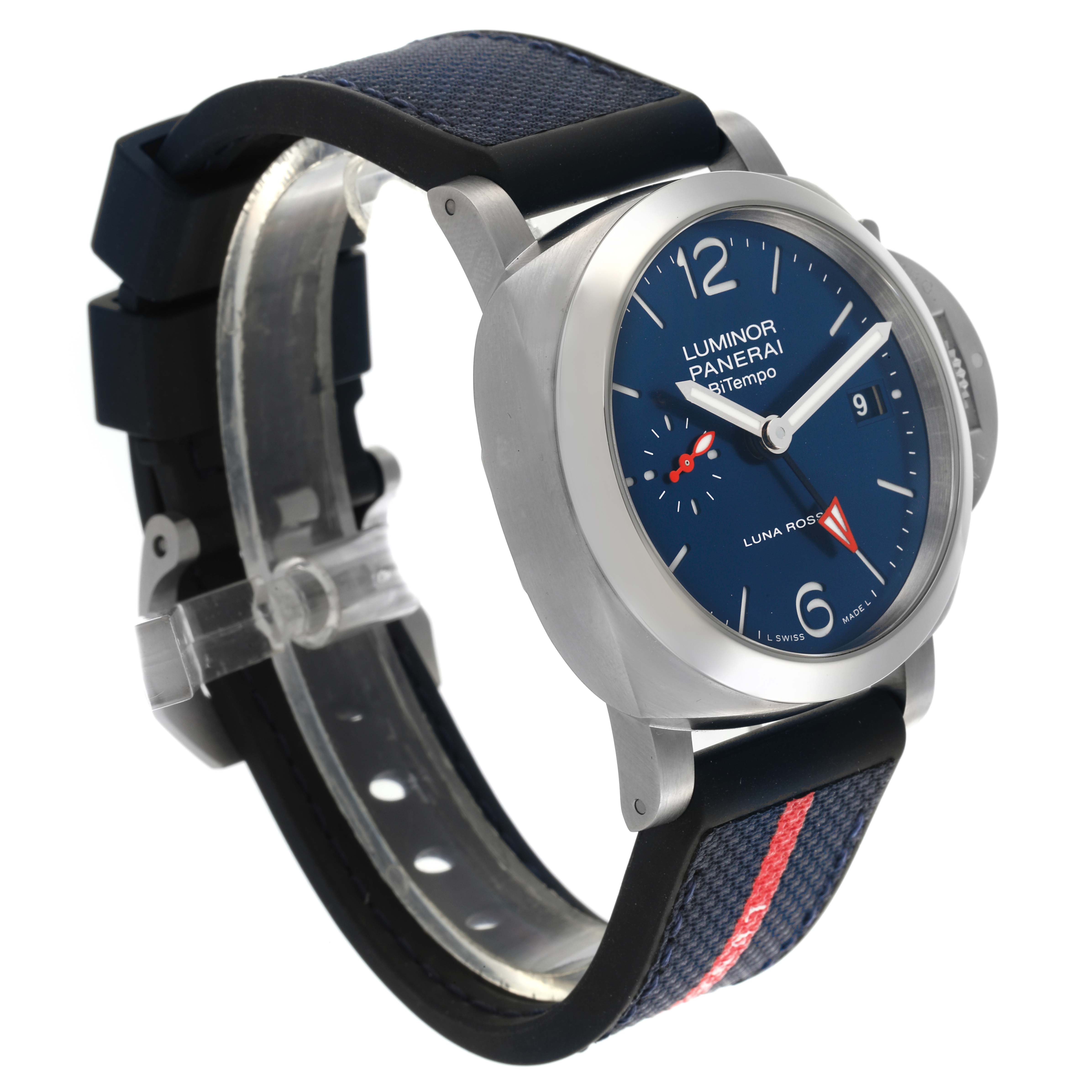 The Panerai Luminor PAM01404 Men
s Stainless Steel Blue Dial PAM01404 Men
s Stainless Steel Blue Dial model is shown from a three-quarter angle, displaying the face, crown guard, and strap details.