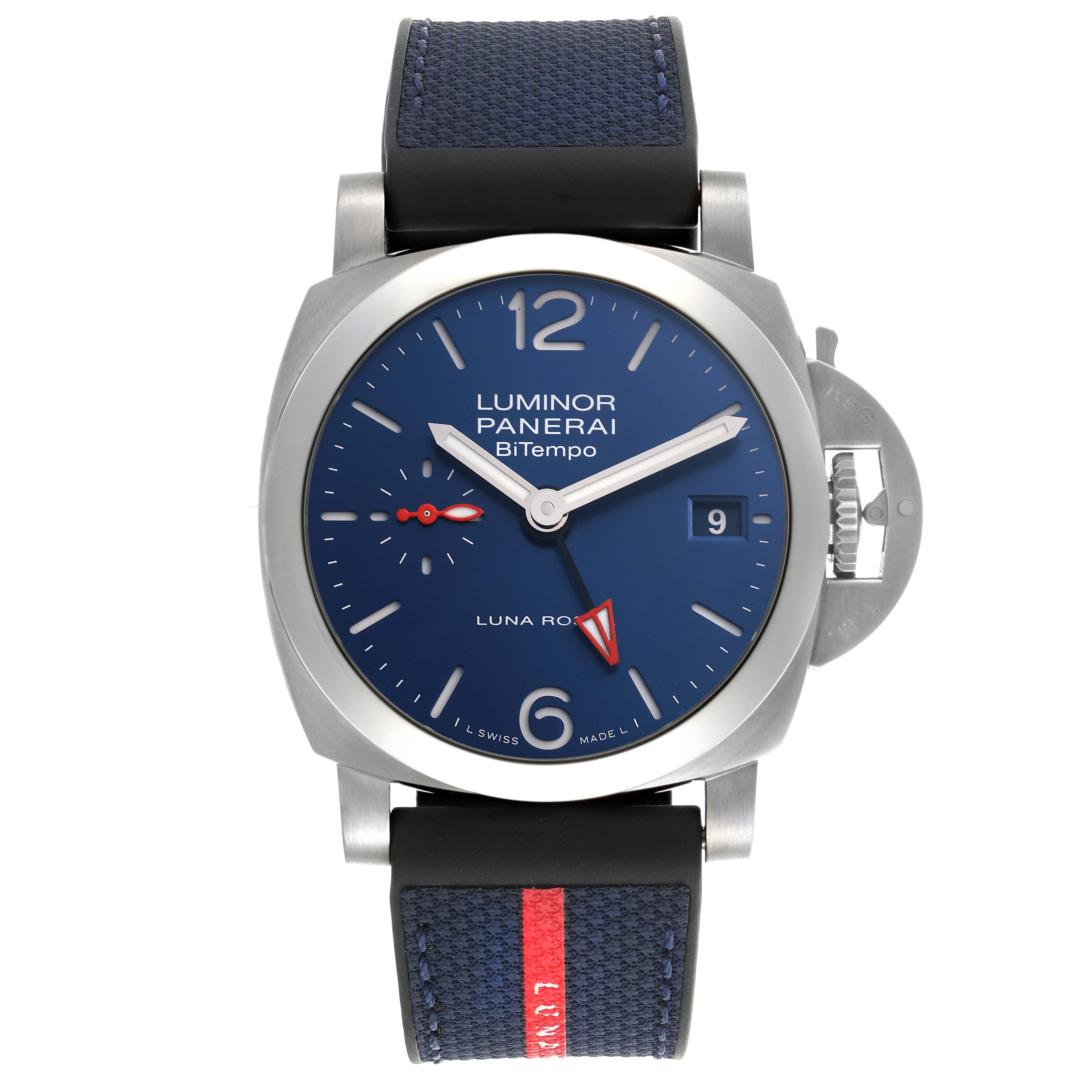 The Panerai Luminor PAM01404 Men
s Stainless Steel Blue Dial PAM01404 Men
s Stainless Steel Blue Dial watch is shown from a front angle, highlighting its blue dial, date display, and crown guard.