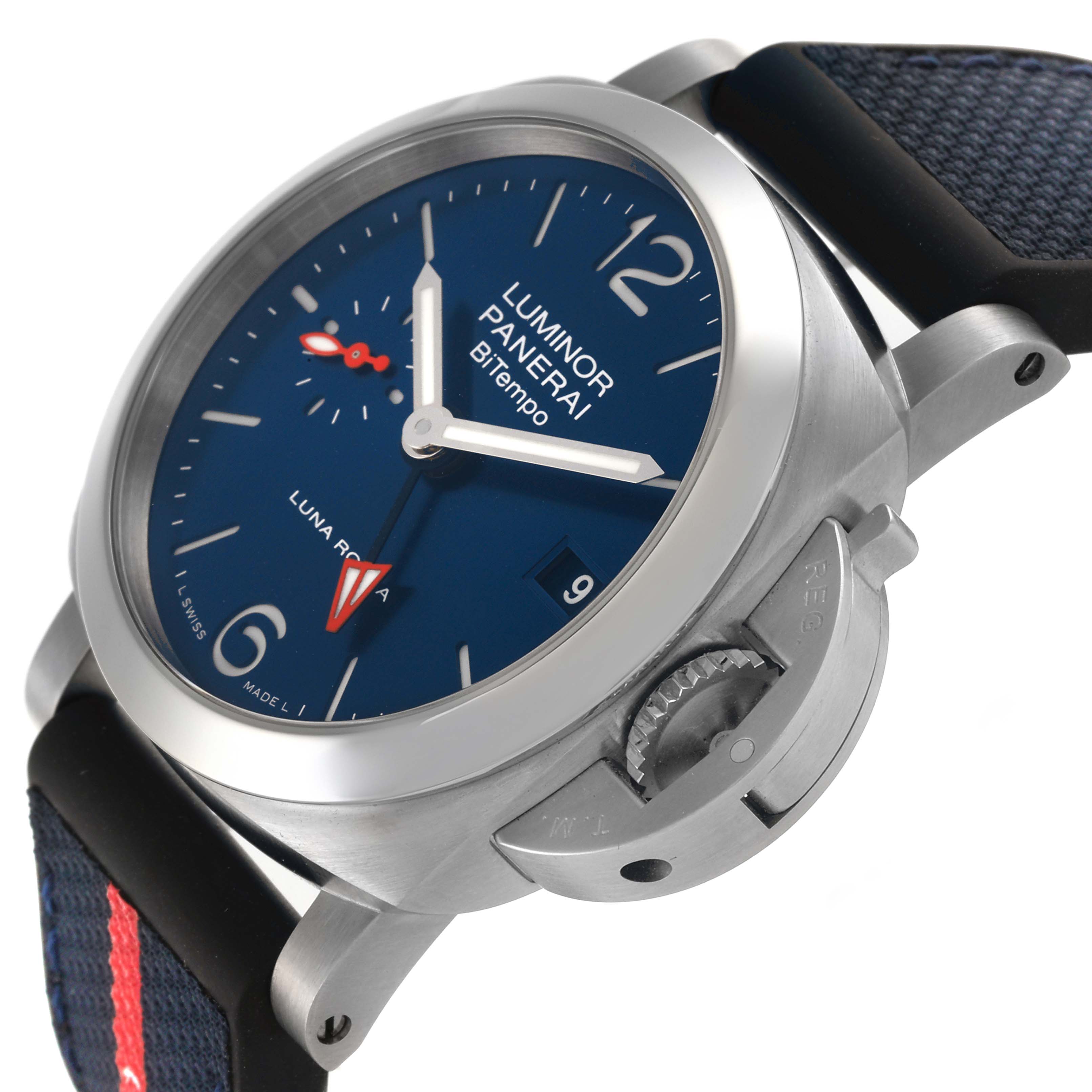 The Panerai Luminor PAM01404 Men
s Stainless Steel Blue Dial PAM01404 Men
s Stainless Steel Blue Dial watch is shown at an angled side view, highlighting the crown guard and blue dial.