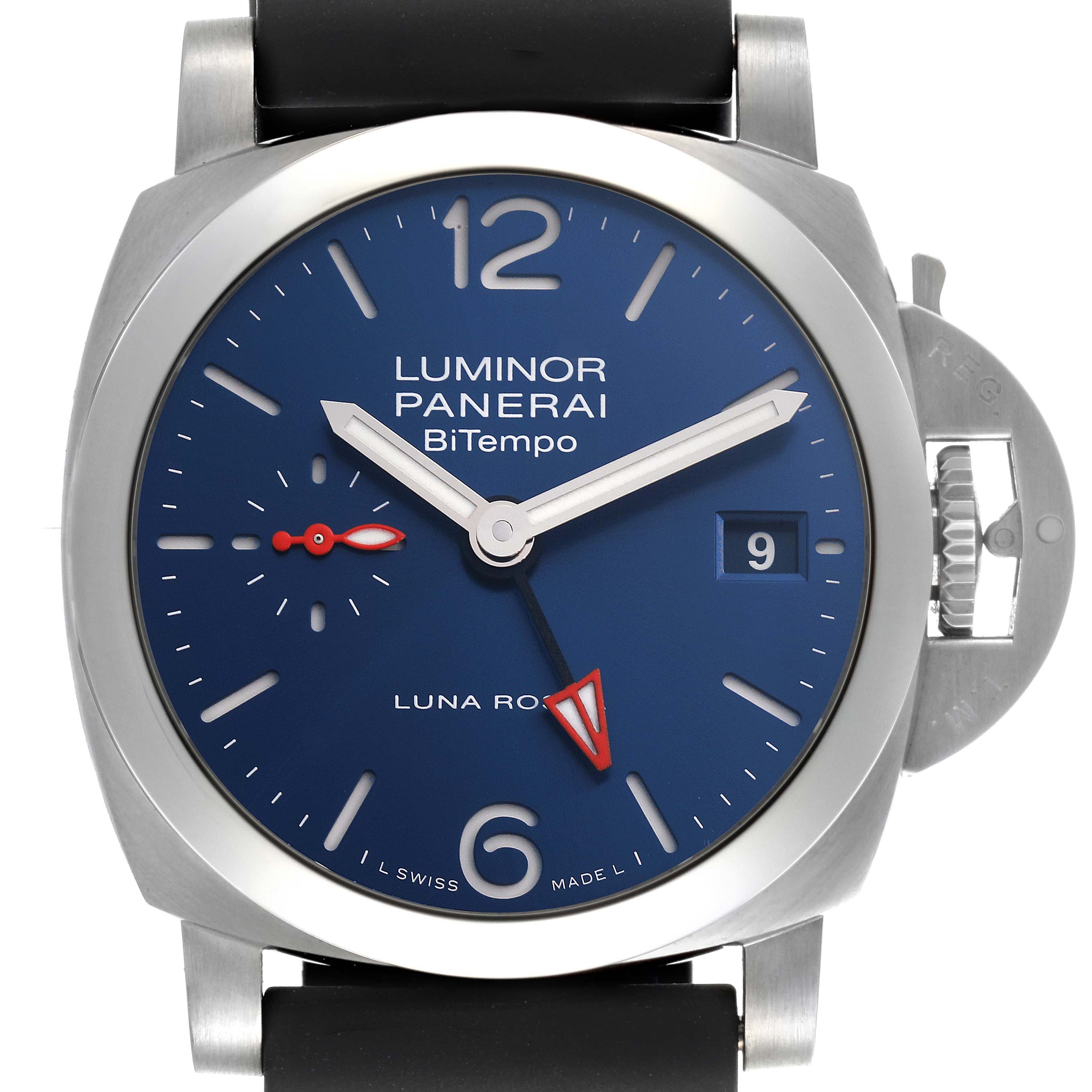 The Panerai Luminor PAM01404 Men
s Stainless Steel Blue Dial PAM01404 Men
s Stainless Steel Blue Dial watch is shown from the front, displaying the dial, hands, date window, and crown guard.