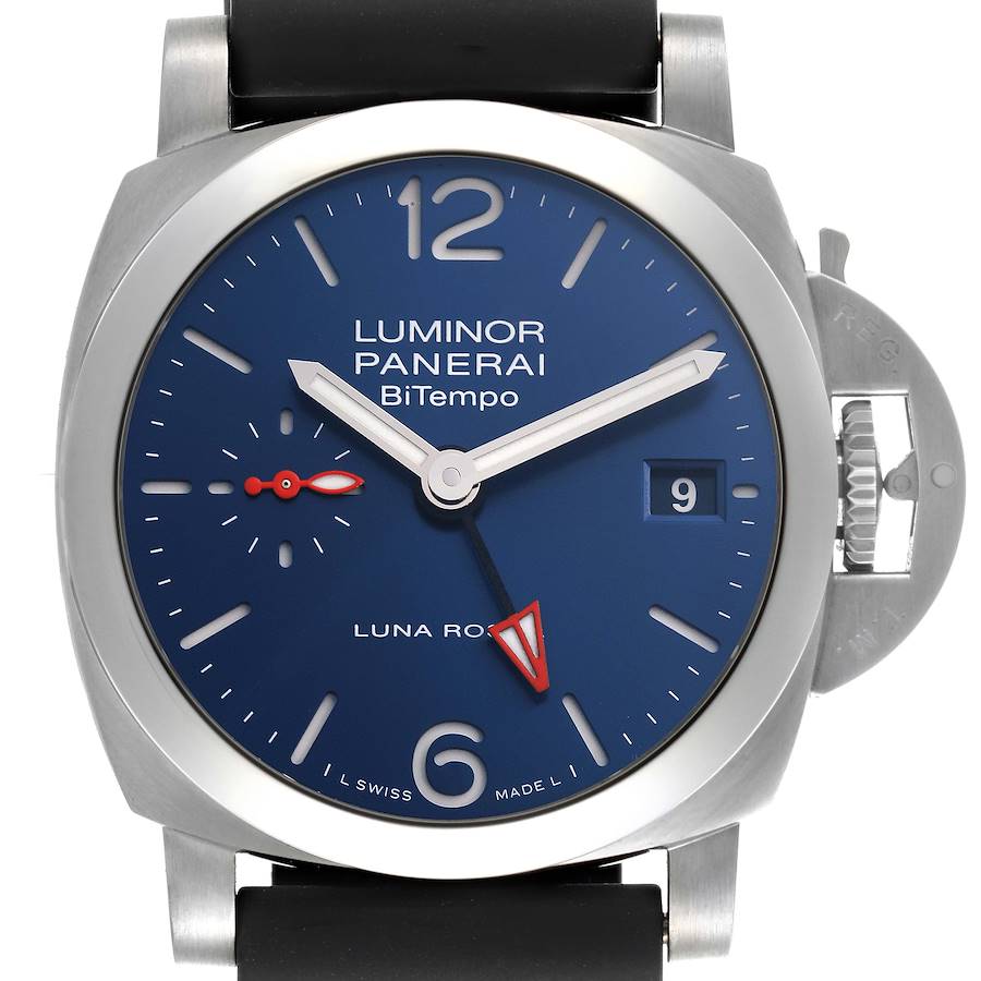 The Panerai Luminor watch is shown from the front, displaying the dial, hands, date window, and crown guard.