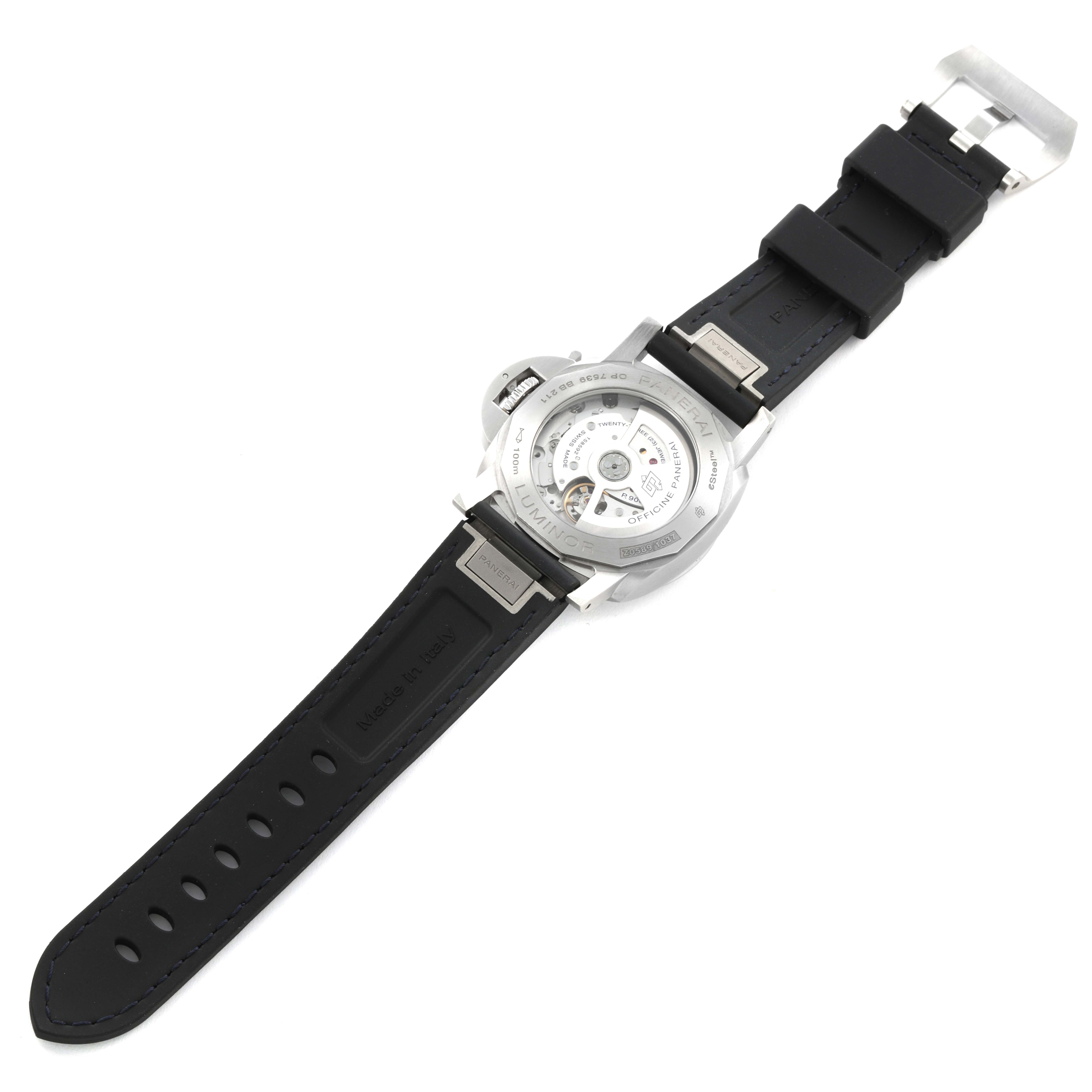 The image shows the back of a Panerai Luminor PAM01404 Men
s Stainless Steel Blue Dial PAM01404 Men
s Stainless Steel Blue Dial watch, highlighting its open case back and strap.