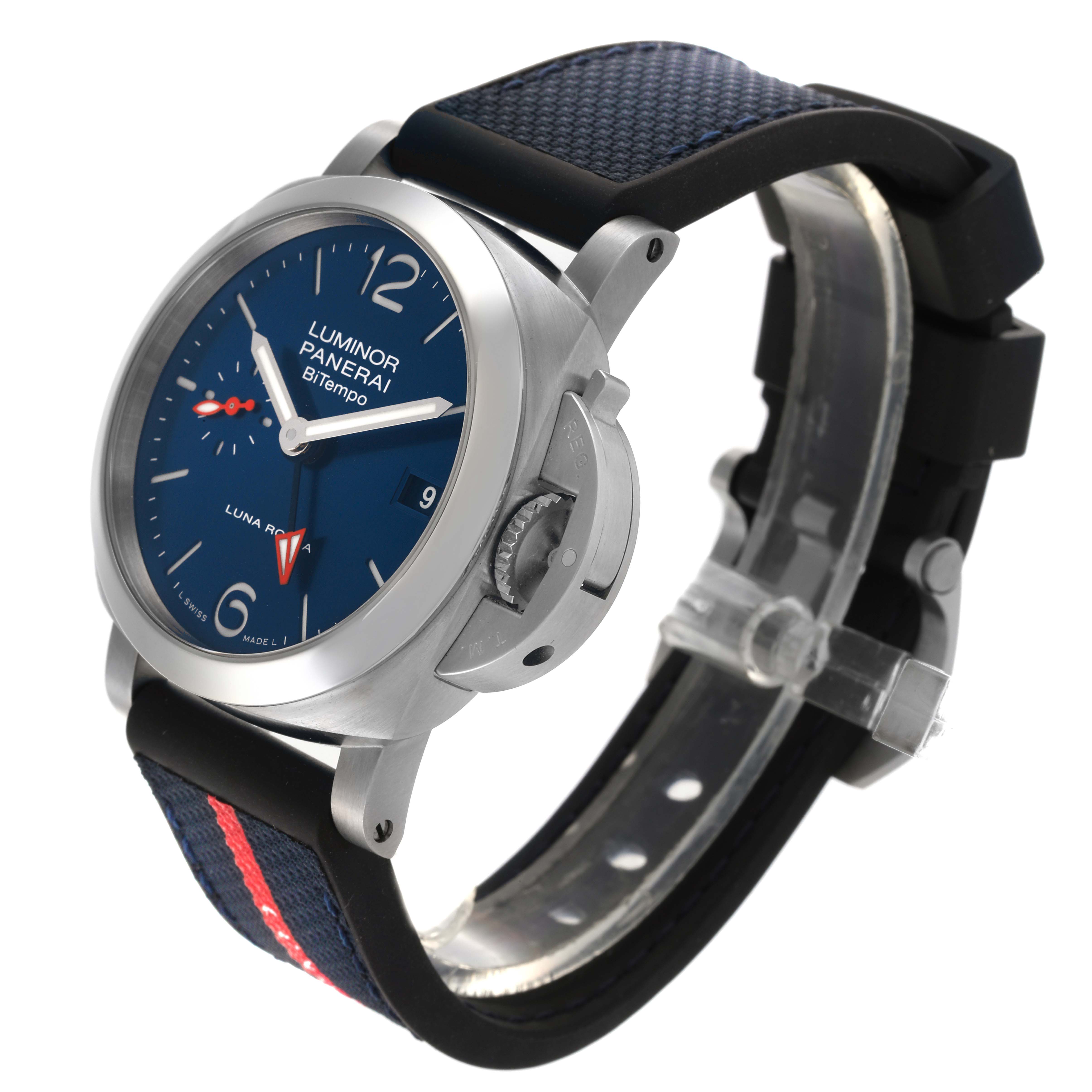 The Luminor Panerai watch is shown at an angle highlighting the face, crown guard, and strap.