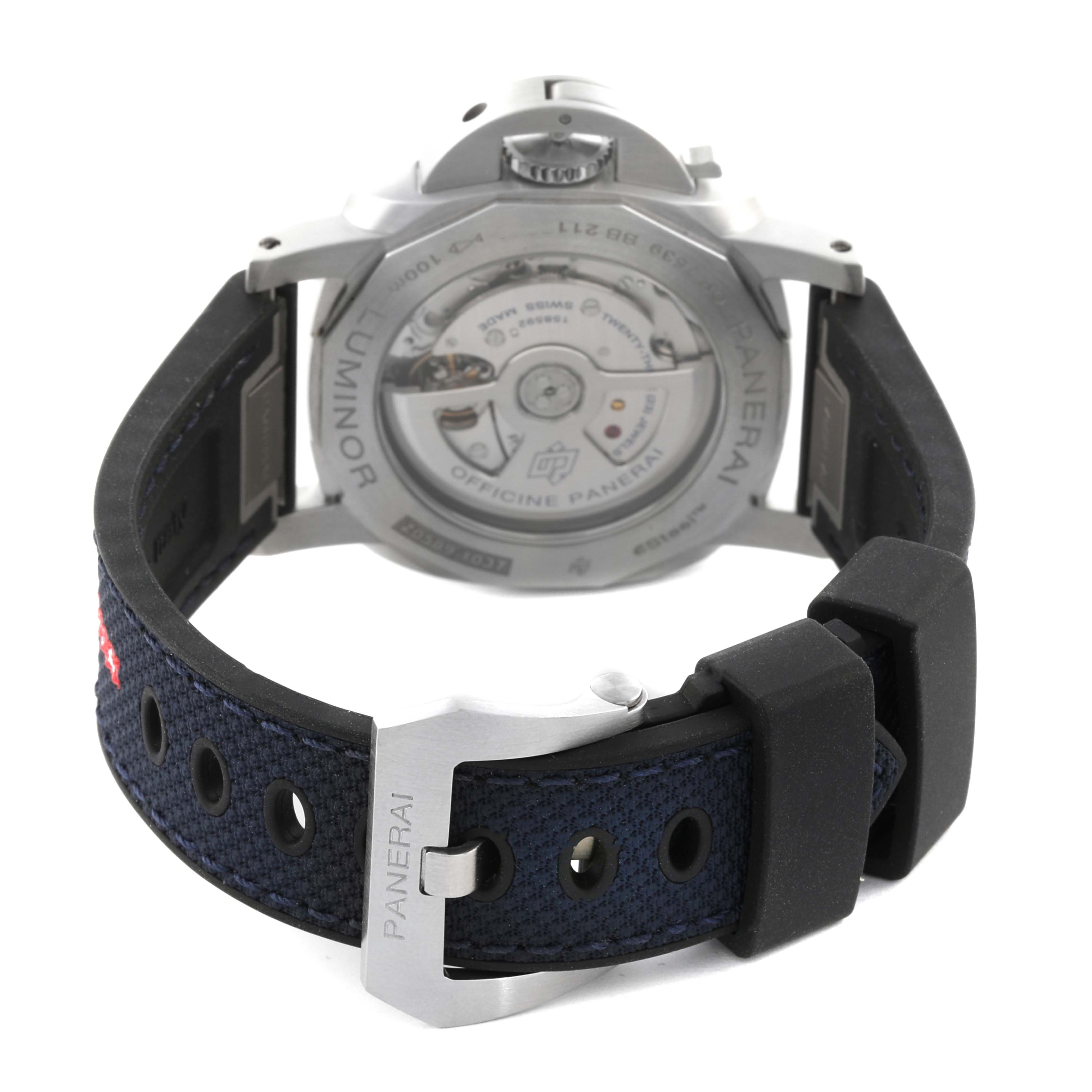 The image shows the back view of a Panerai Luminor PAM01404 Men
s Stainless Steel Blue Dial PAM01404 Men
s Stainless Steel Blue Dial watch, featuring the open case back and strap with a buckle.