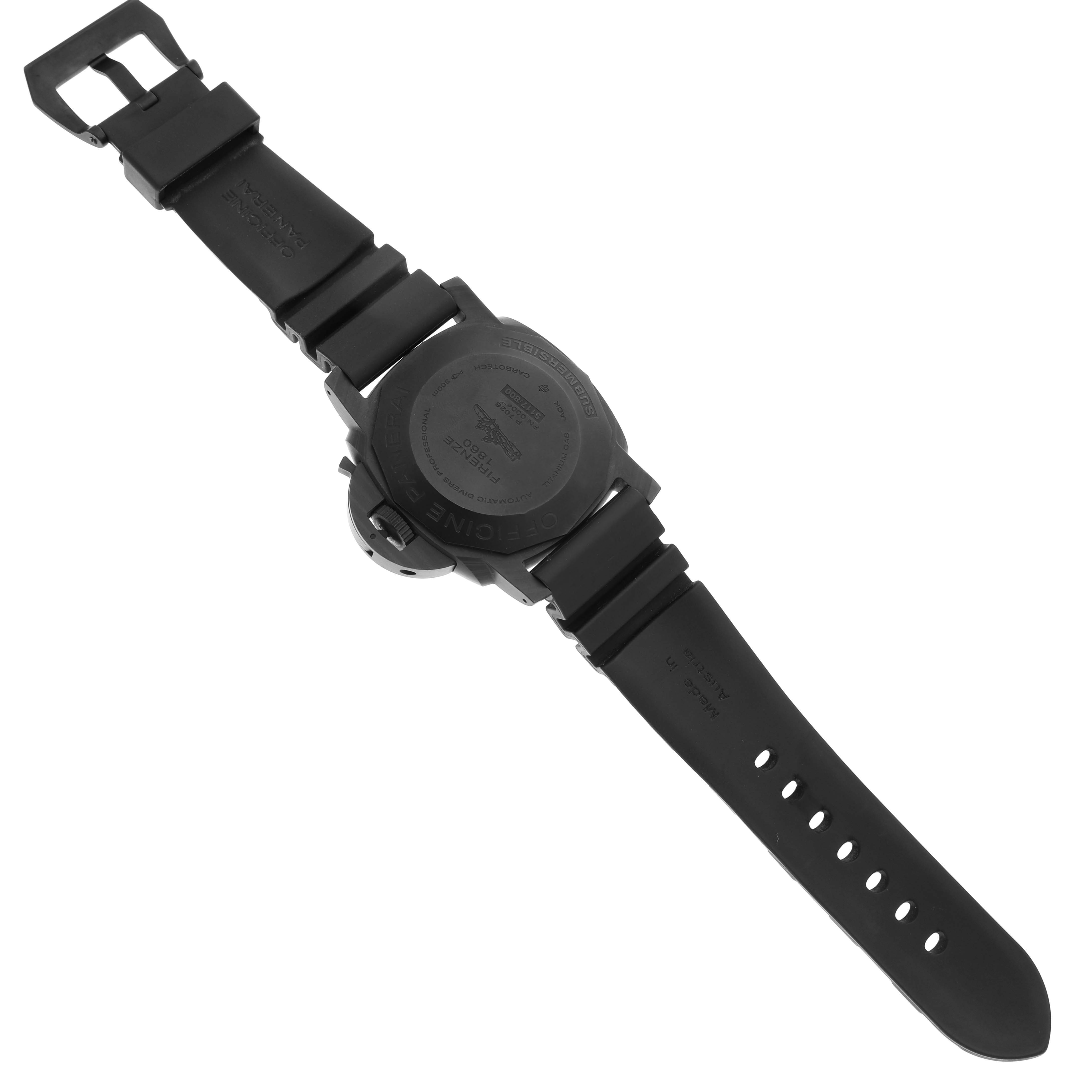 The Panerai Submersible PAM00616 Men's Ceramic Black Dial PAM00616 Men's Ceramic Black Dial watch is shown from the back, highlighting its case back and rubber strap.