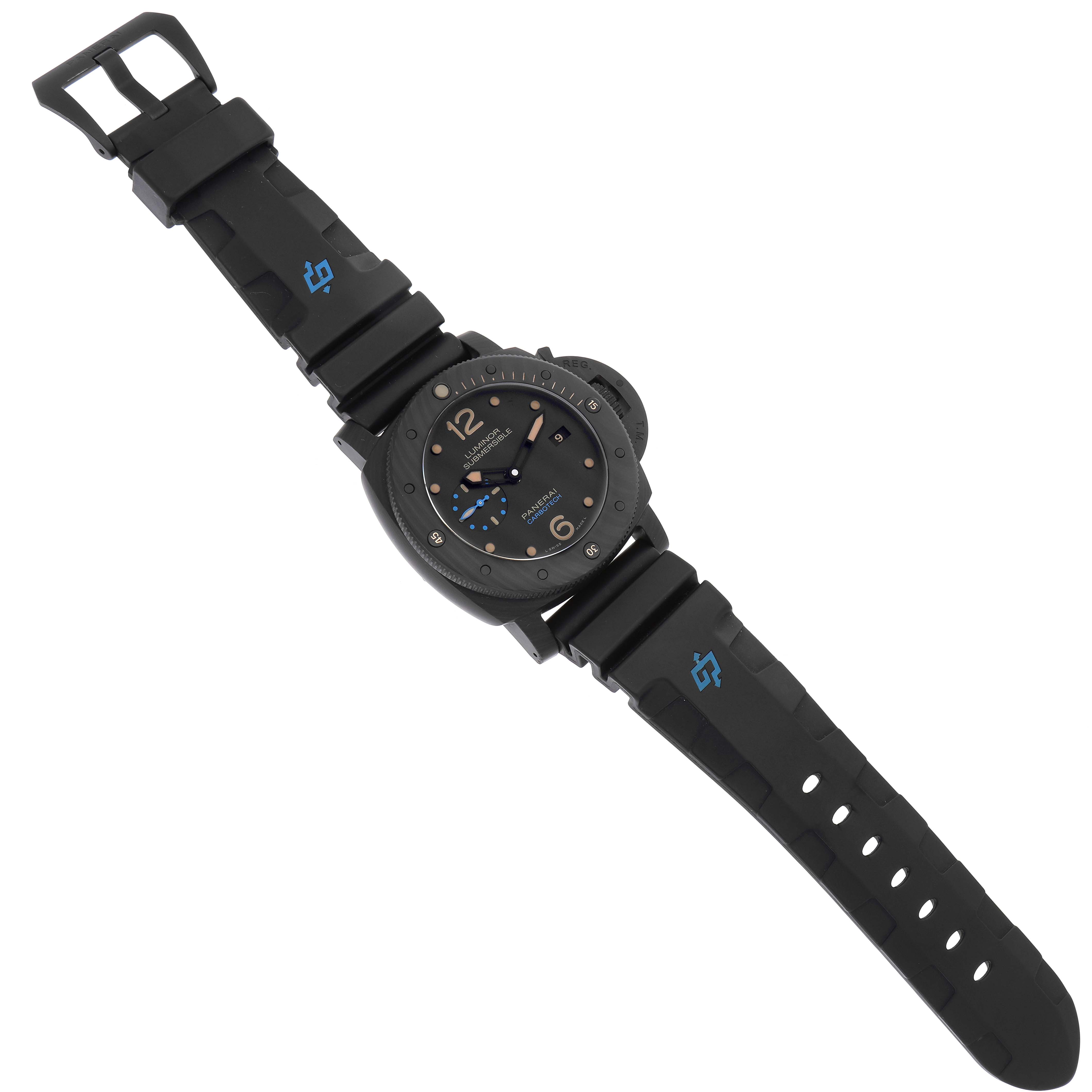 The Panerai Submersible PAM00616 Men's Ceramic Black Dial PAM00616 Men's Ceramic Black Dial watch is shown at a slight angle, displaying its face, bezel, and entire rubber strap.