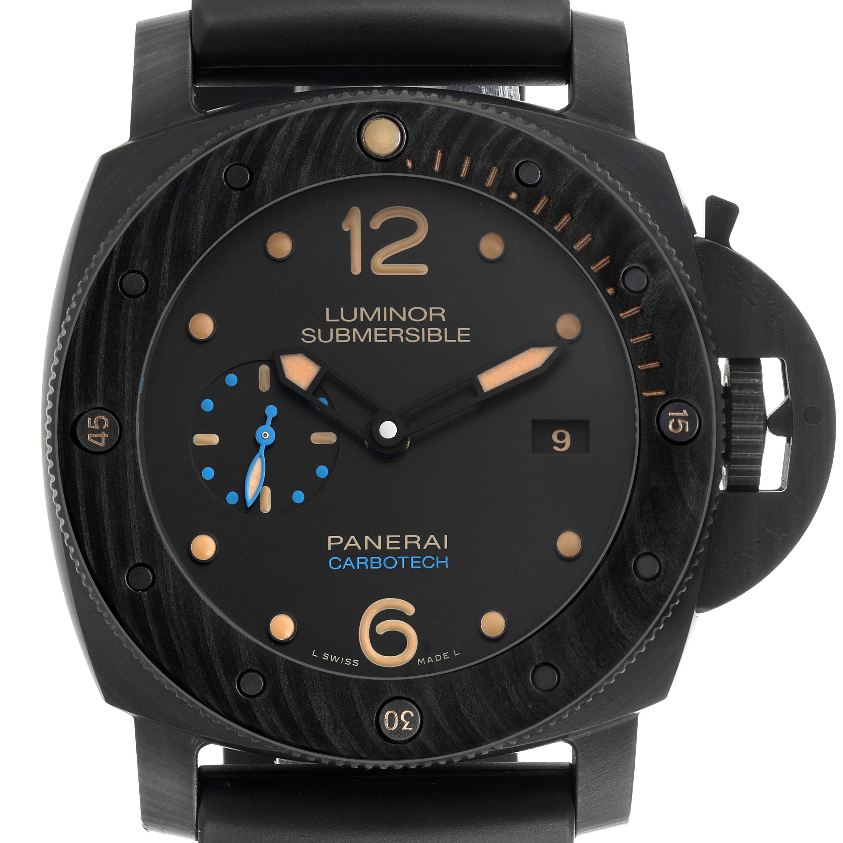 The Panerai Submersible PAM00616 Men's Ceramic Black Dial PAM00616 Men's Ceramic Black Dial watch is shown from a front view, highlighting the face, bezel, and crown guard.