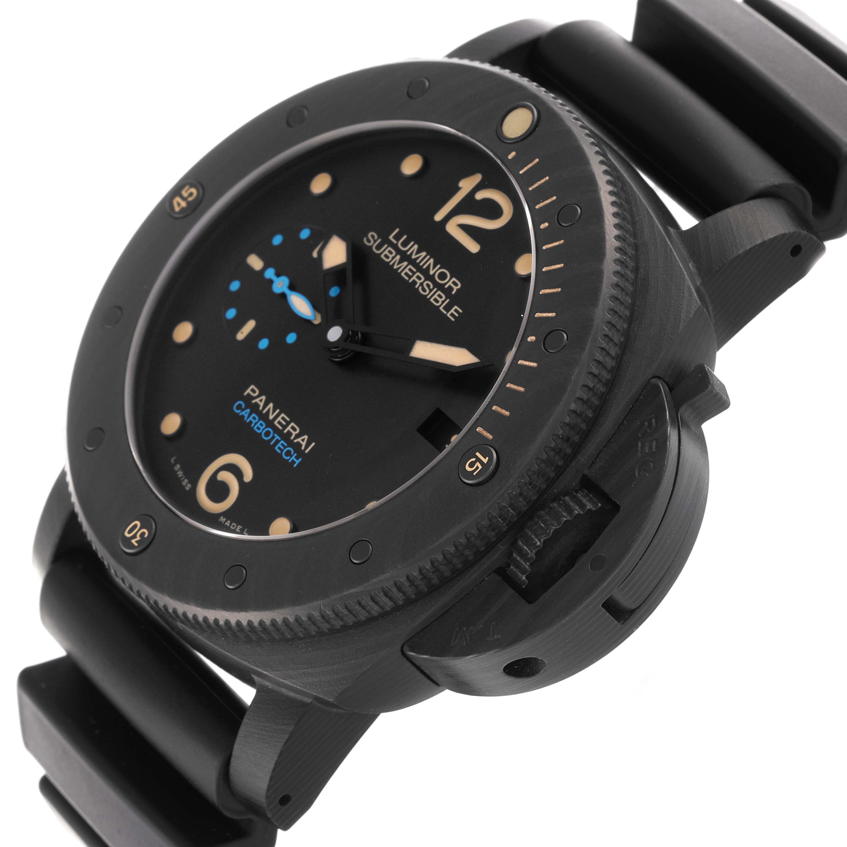 The Panerai Submersible PAM00616 Men's Ceramic Black Dial PAM00616 Men's Ceramic Black Dial watch is shown at a three-quarter angle, highlighting the face, bezel, and crown guard.