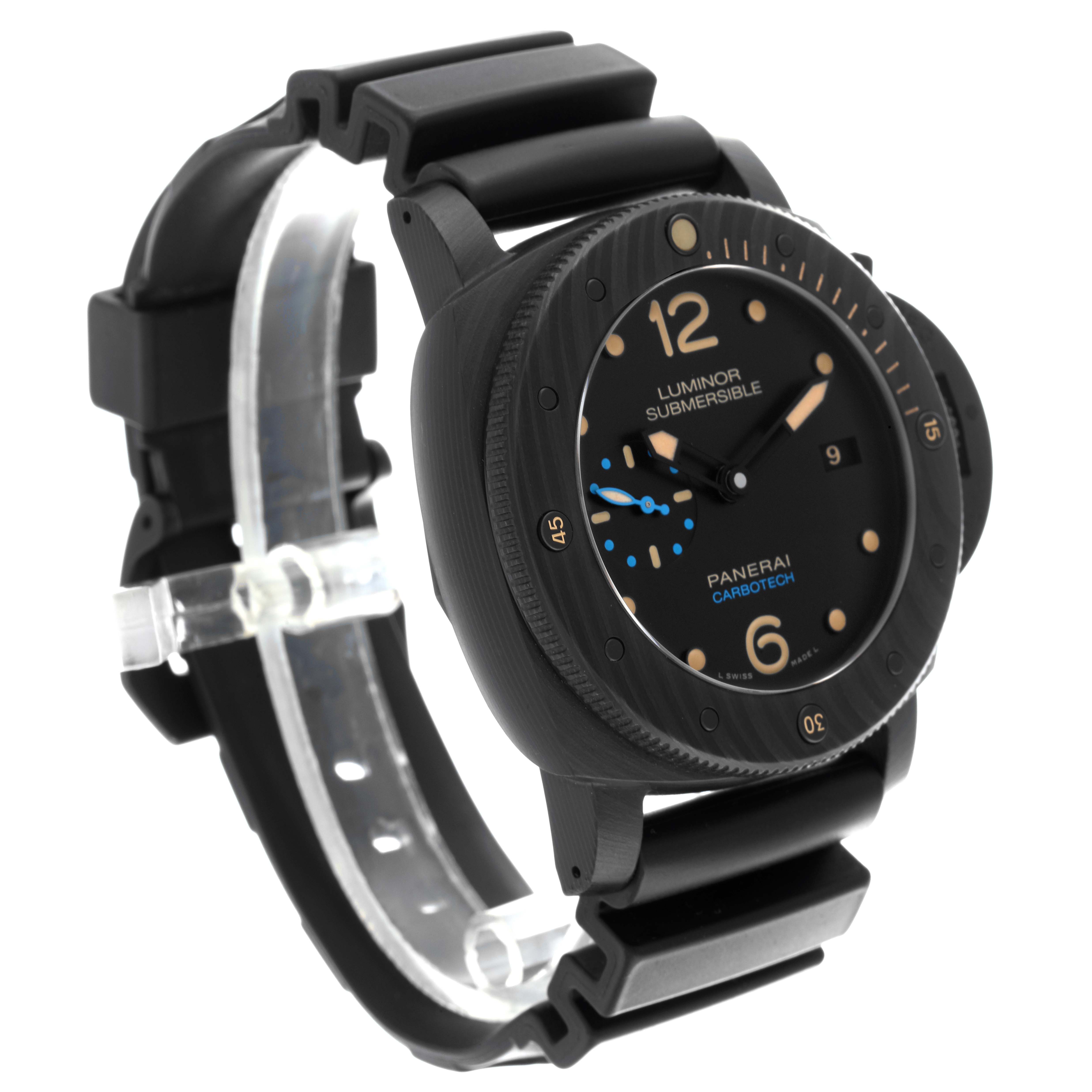 The Panerai Submersible PAM00616 Men's Ceramic Black Dial PAM00616 Men's Ceramic Black Dial watch is shown at an angled side view, highlighting the face, bezel, and strap.