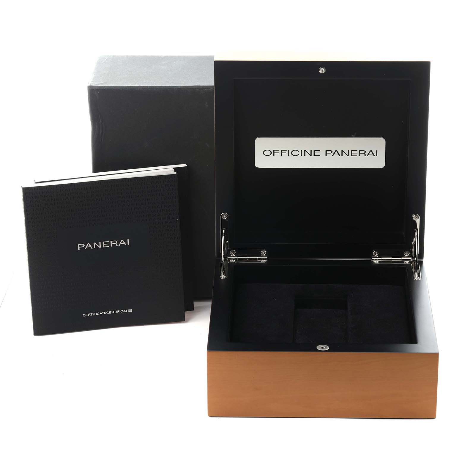 The image shows an open Panerai Submersible PAM00616 Men's Ceramic Black Dial PAM00616 Men's Ceramic Black Dial watch box, a black outer box, and a certificate booklet.