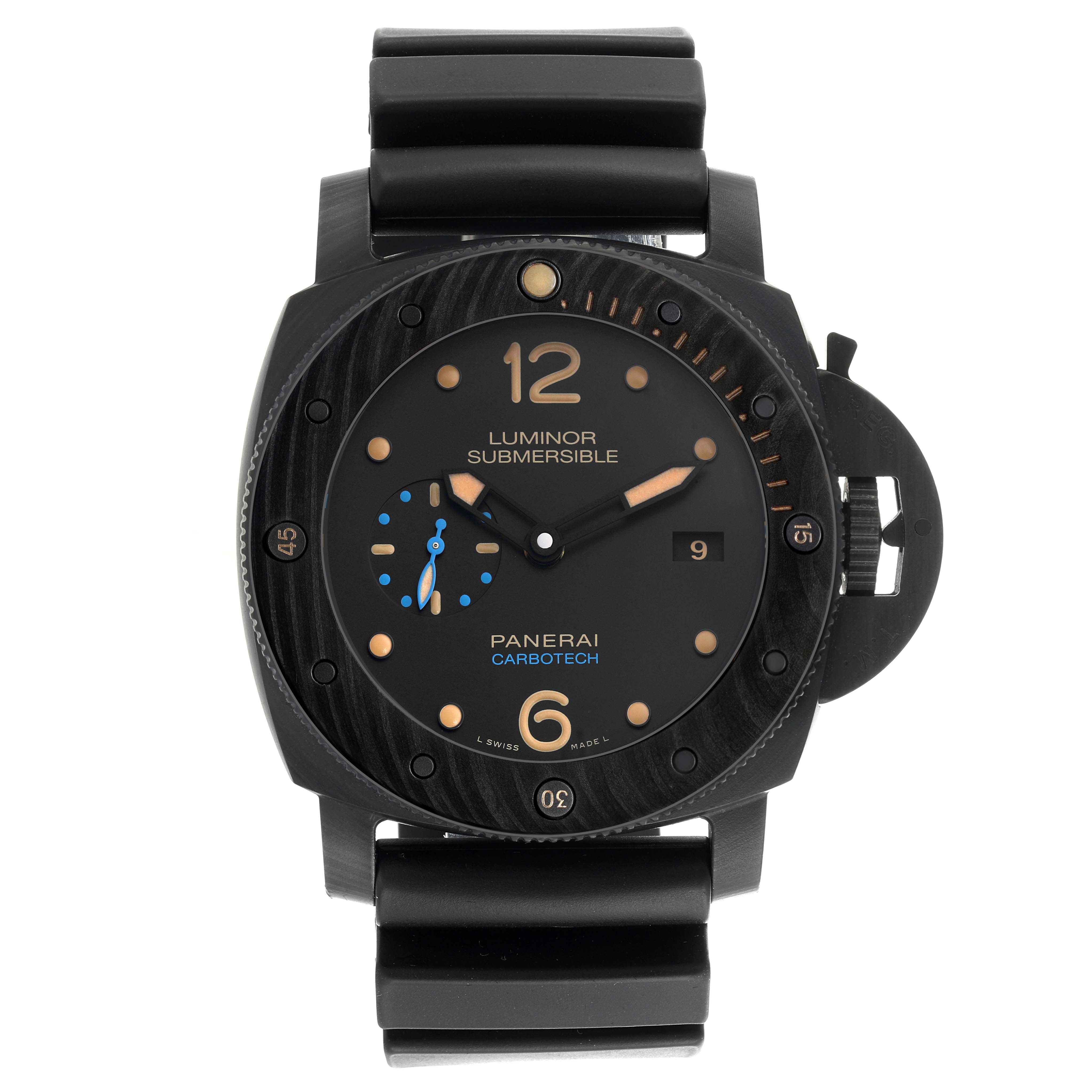 The Panerai Submersible PAM00616 Men's Ceramic Black Dial PAM00616 Men's Ceramic Black Dial watch is shown from a front angle, displaying the face, bezel, crown guard, and strap.