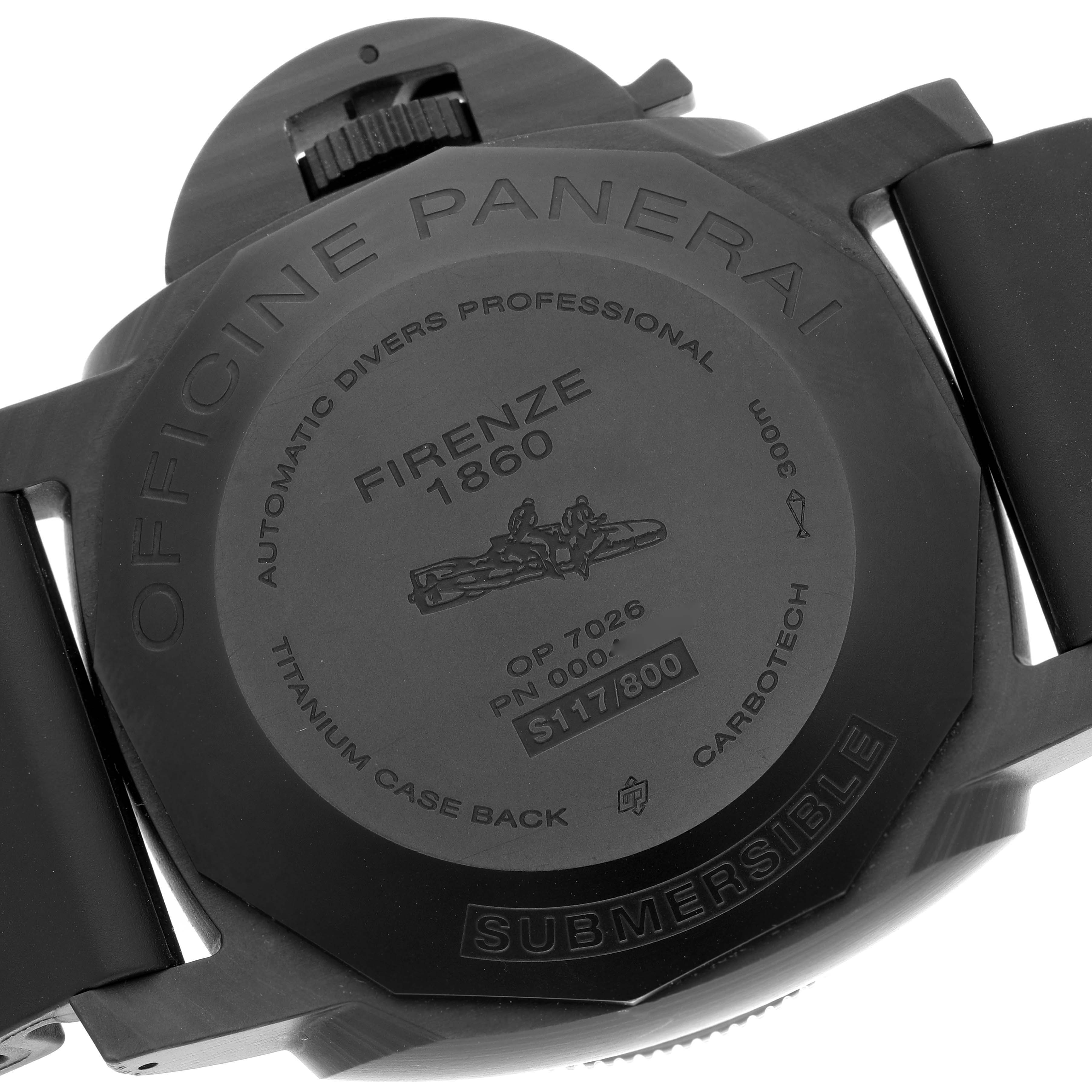 The image shows the back case of a Panerai Submersible PAM00616 Men's Ceramic Black Dial PAM00616 Men's Ceramic Black Dial watch, featuring engraved details and a rubber strap partially visible.