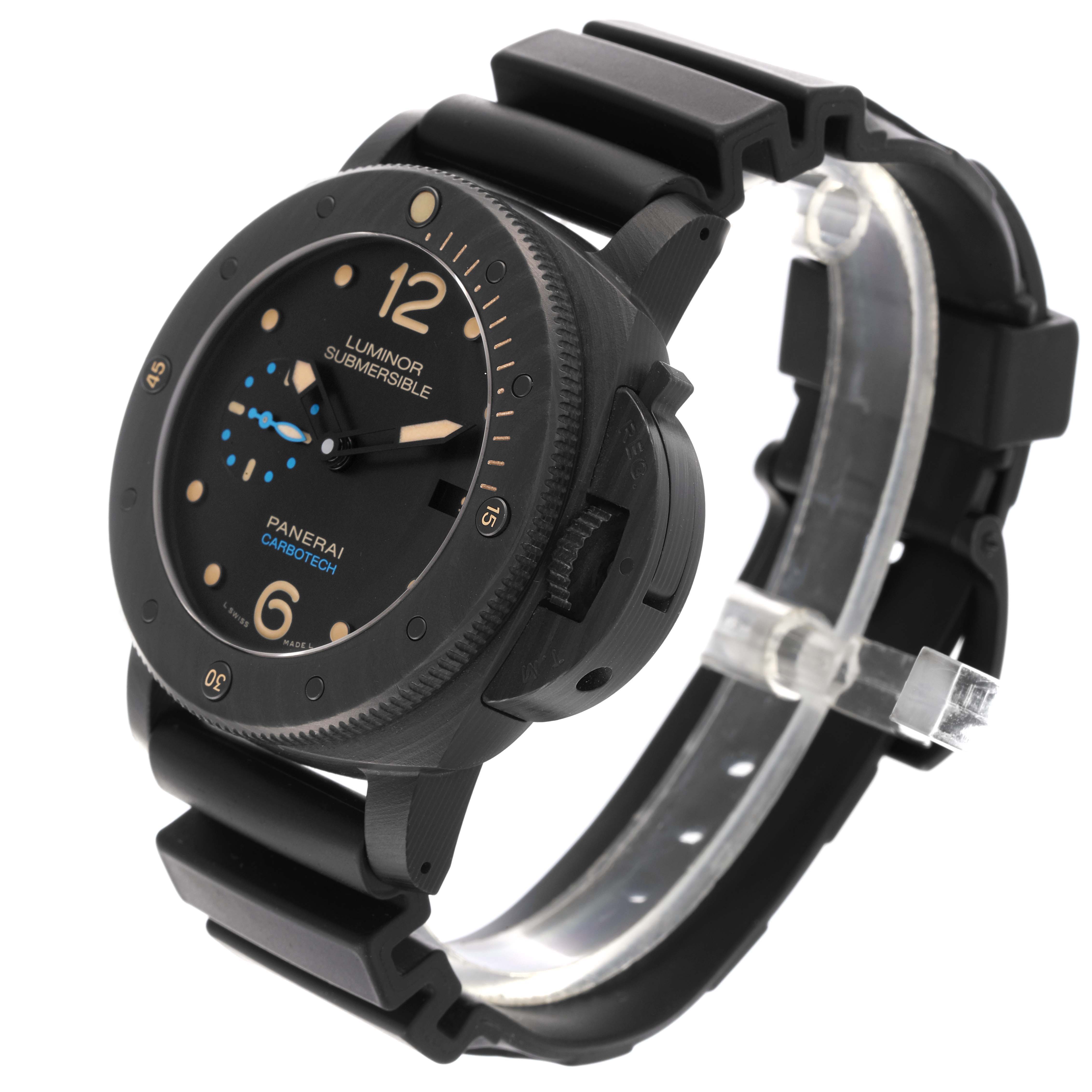 The Panerai Submersible PAM00616 Men's Ceramic Black Dial PAM00616 Men's Ceramic Black Dial watch is shown at a three-quarter angle, highlighting the face, bezel, and strap.