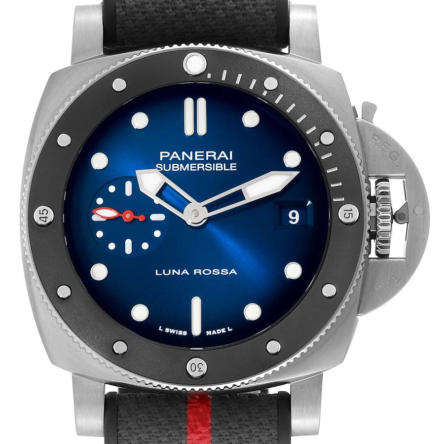 The Panerai Submersible watch is shown from a front angle, displaying the dial, bezel, and strap.