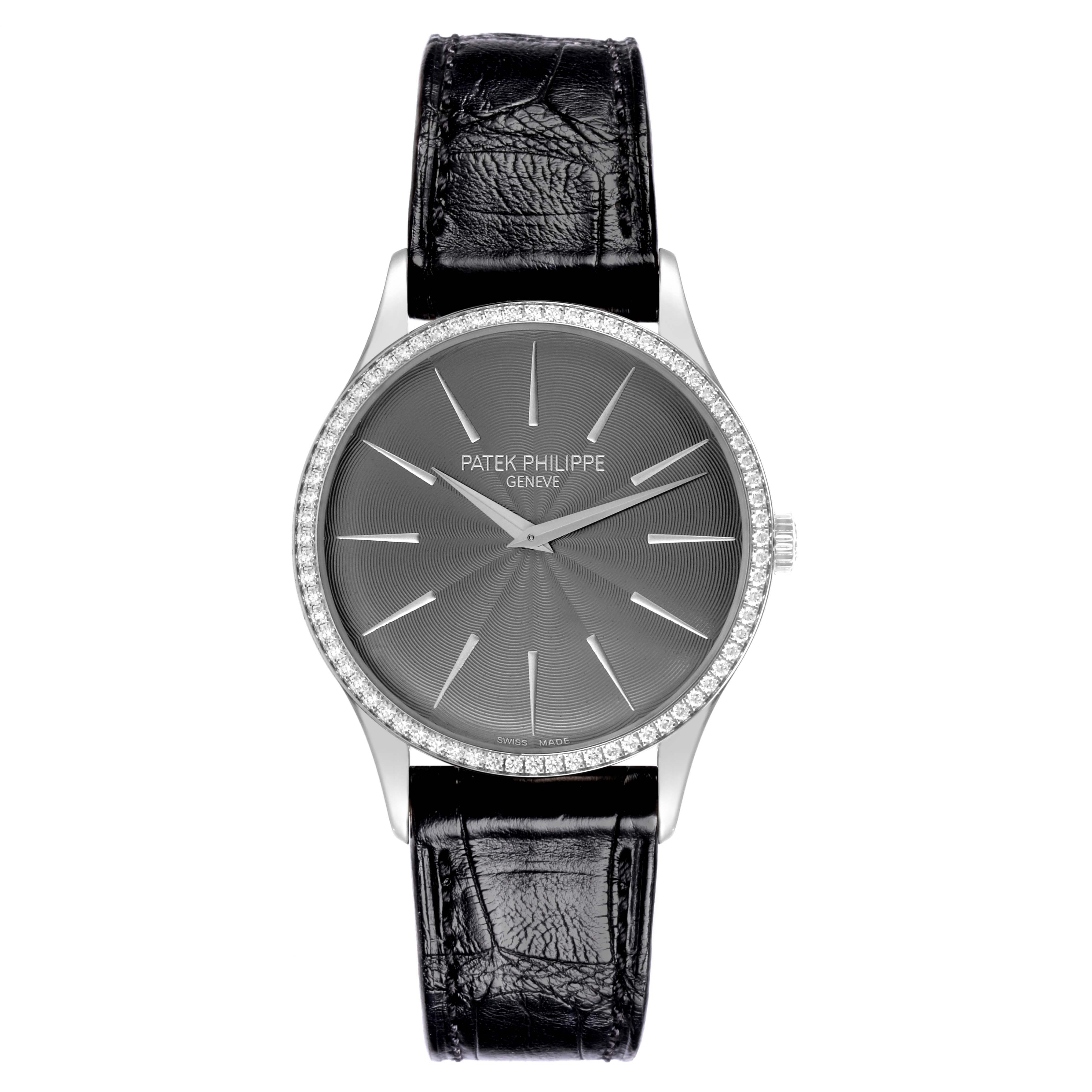 The image shows a front view of a Patek Philippe Calatrava 4897G-010 Women's White Gold Grey Dial 4897G-010 Women's White Gold Grey Dial watch, featuring its face, bezel, and black leather strap.
