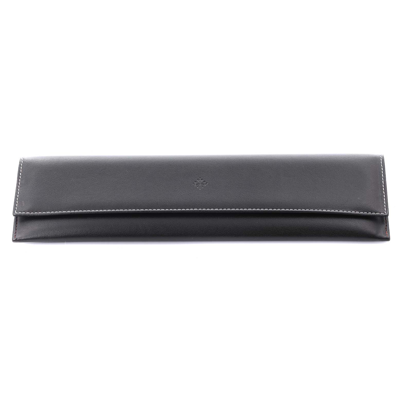 This image shows a black leather pouch accessory for the Patek Philippe Calatrava 4897G-010 Women's White Gold Grey Dial 4897G-010 Women's White Gold Grey Dial model.