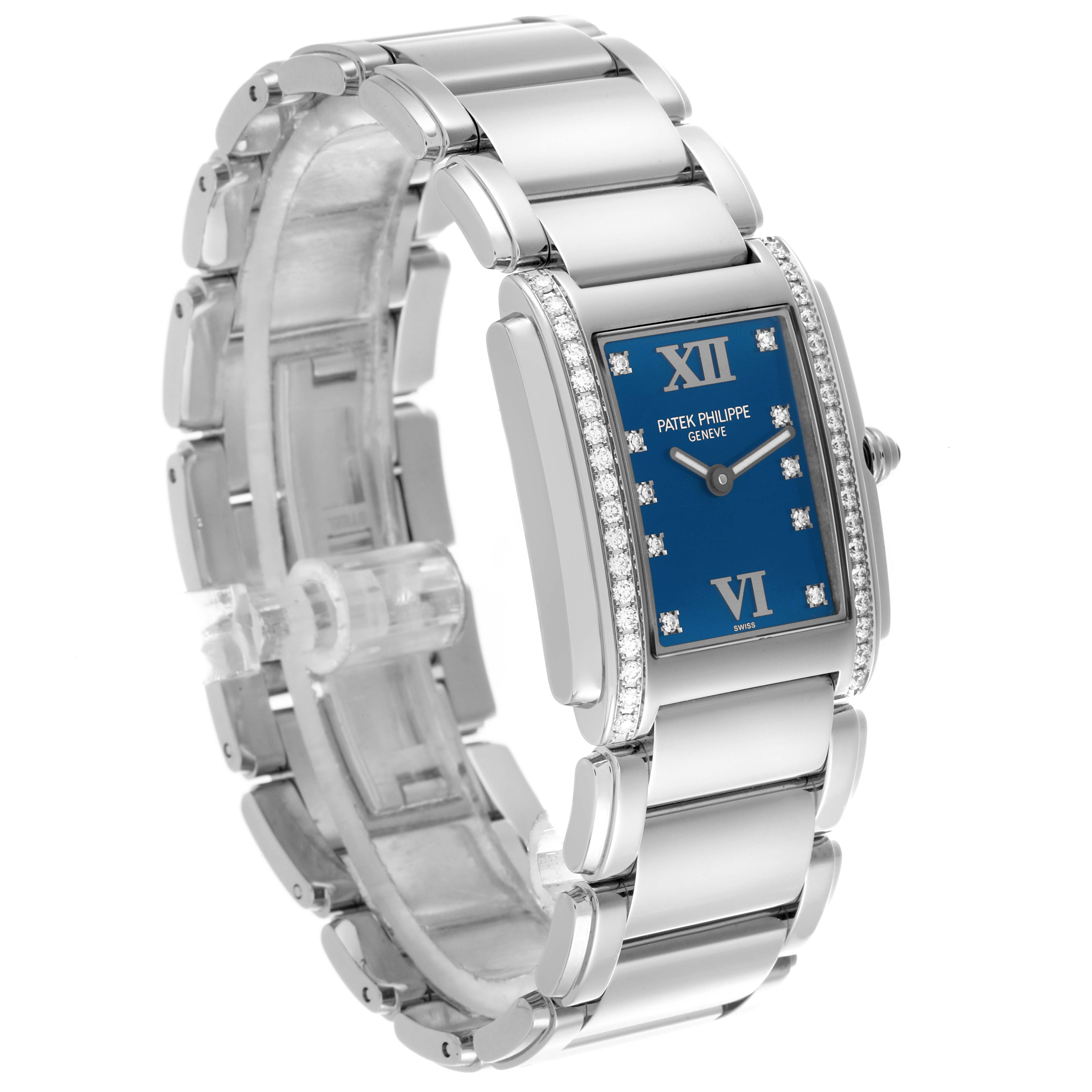 The Patek Philippe Twenty-4 4910/10 Women's Stainless Steel Blue Dial 4910/10 Women's Stainless Steel Blue Dial watch is shown at an angle highlighting the bracelet, bezel, and blue dial with diamond accents.