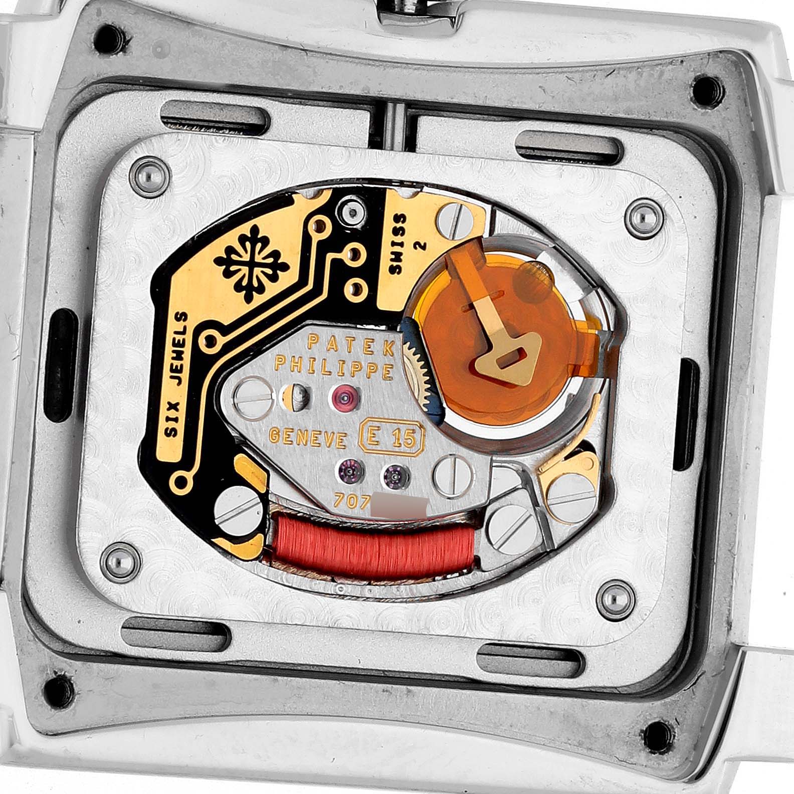 The image shows the movement and inner workings of a Patek Philippe Twenty-4 4910/10 Women's Stainless Steel Blue Dial 4910/10 Women's Stainless Steel Blue Dial watch from a back view.