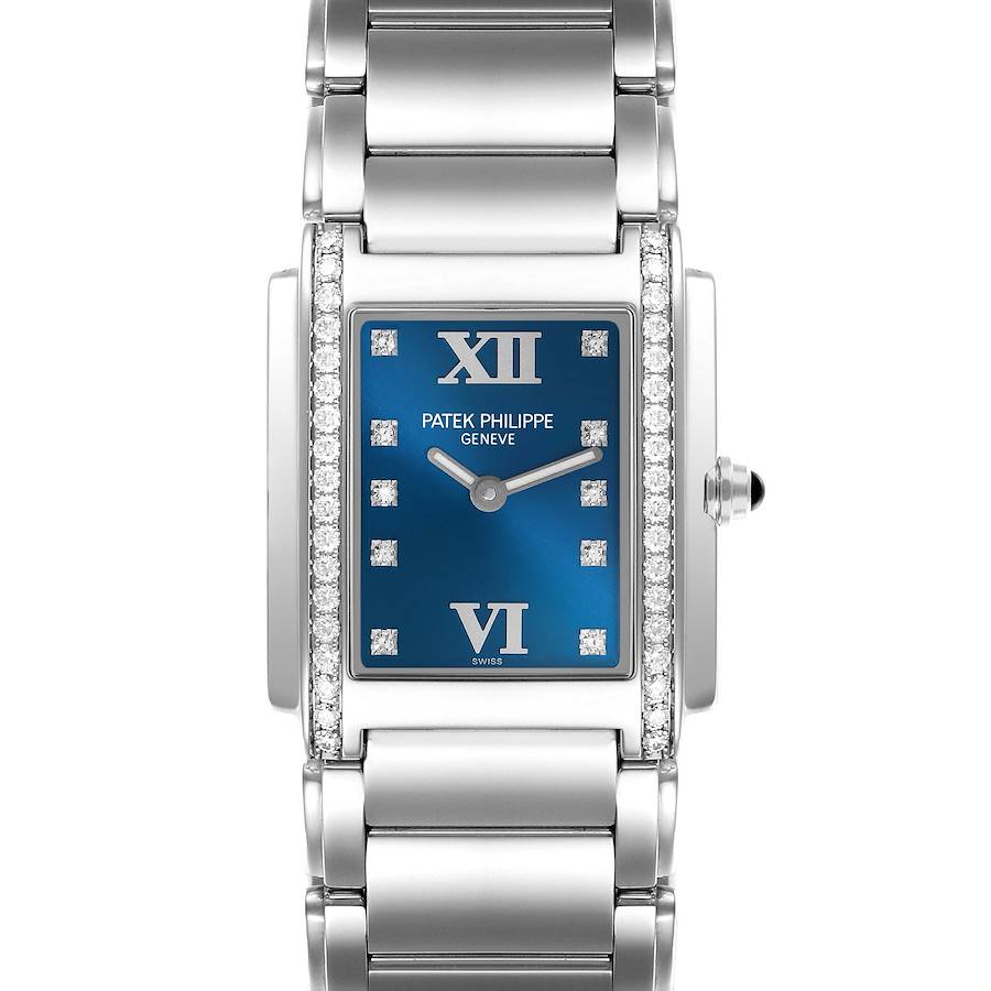 The Patek Philippe Twenty-4 watch is shown from a front angle, highlighting its bracelet, case, and blue dial with diamond accents.