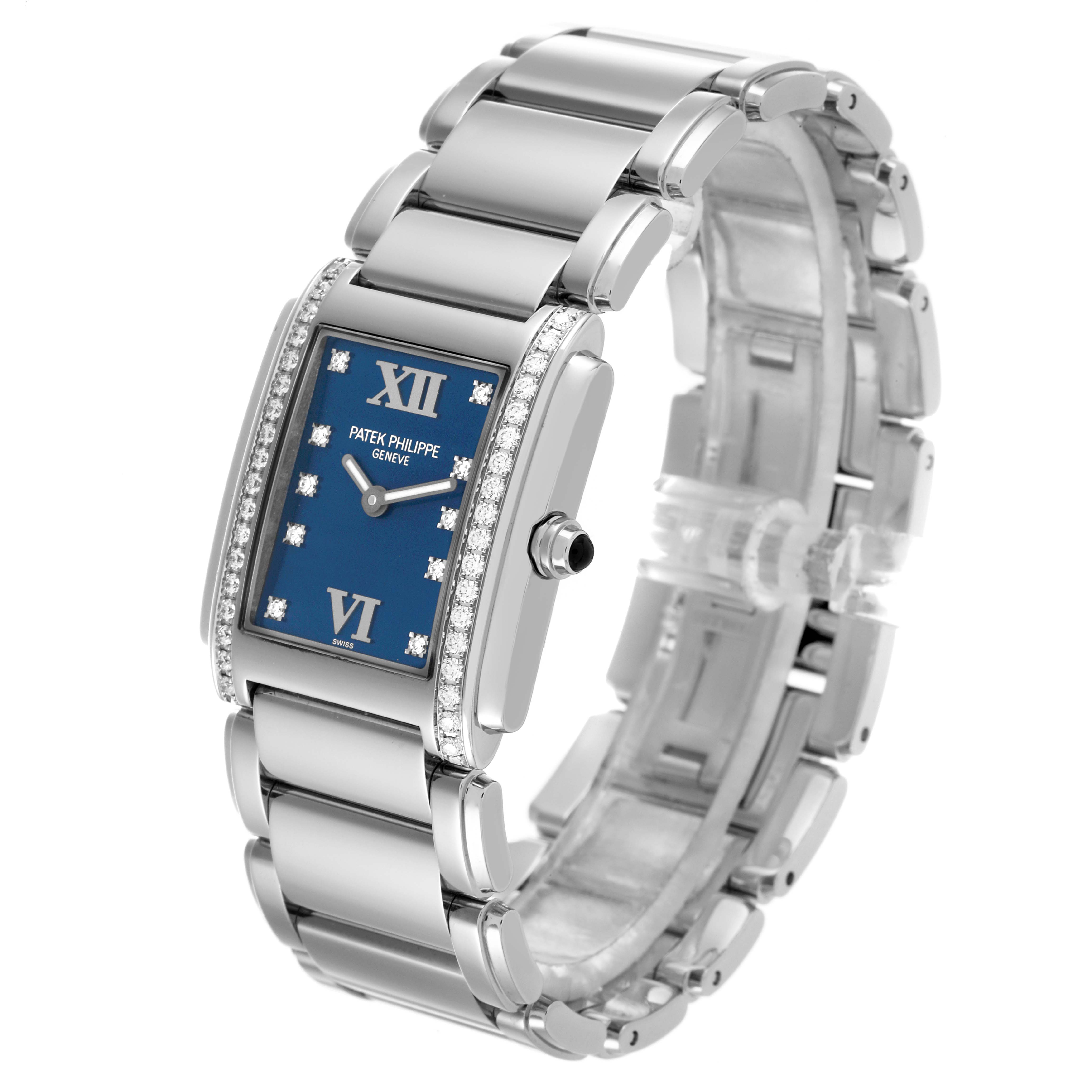The image shows a Patek Philippe Twenty-4 4910/10 Women's Stainless Steel Blue Dial 4910/10 Women's Stainless Steel Blue Dial watch at a three-quarter angle, highlighting the blue dial and diamond-set bezel.