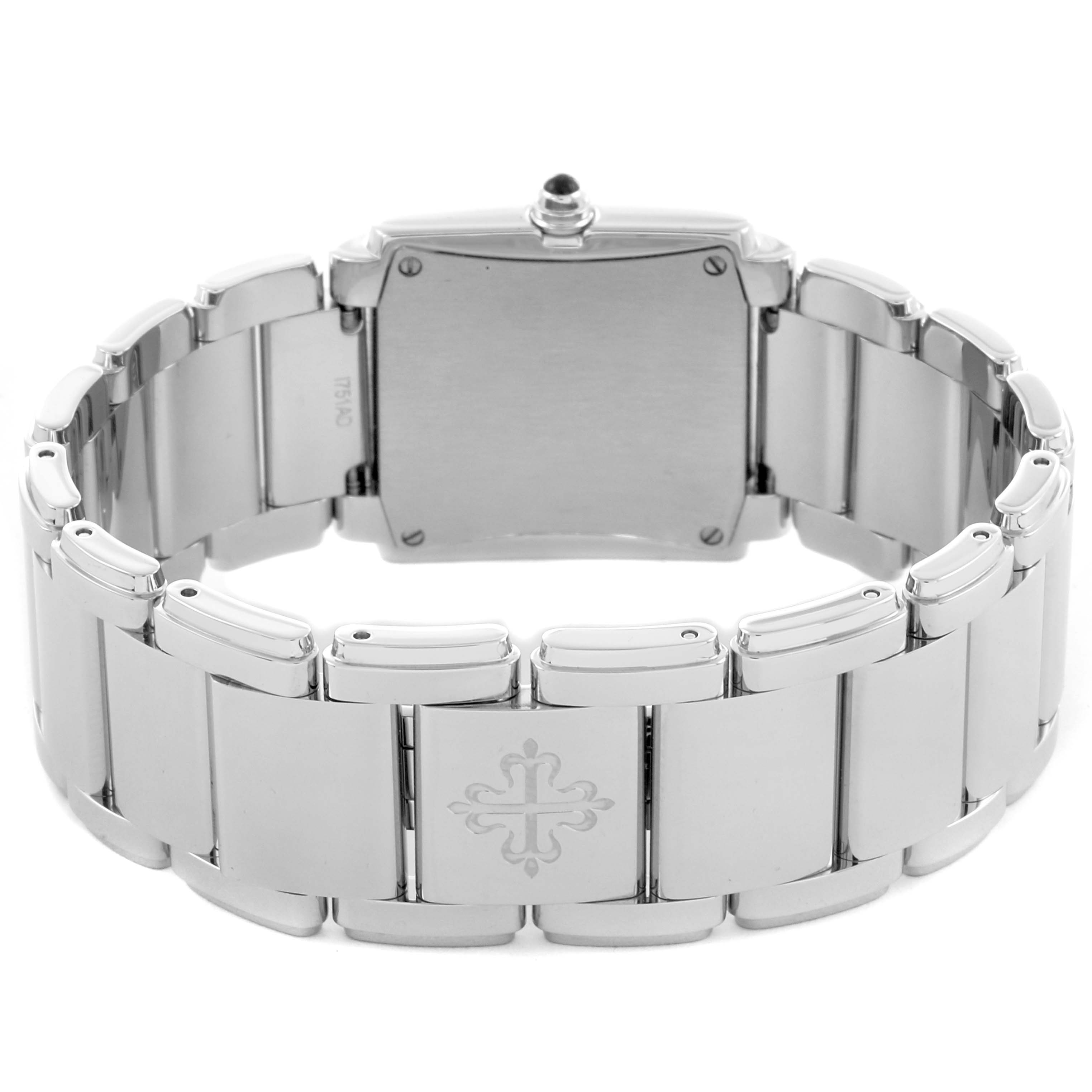 The image shows the back and bracelet of the Patek Philippe Twenty-4 4910/10 Women's Stainless Steel Blue Dial 4910/10 Women's Stainless Steel Blue Dial watch from a rear perspective.