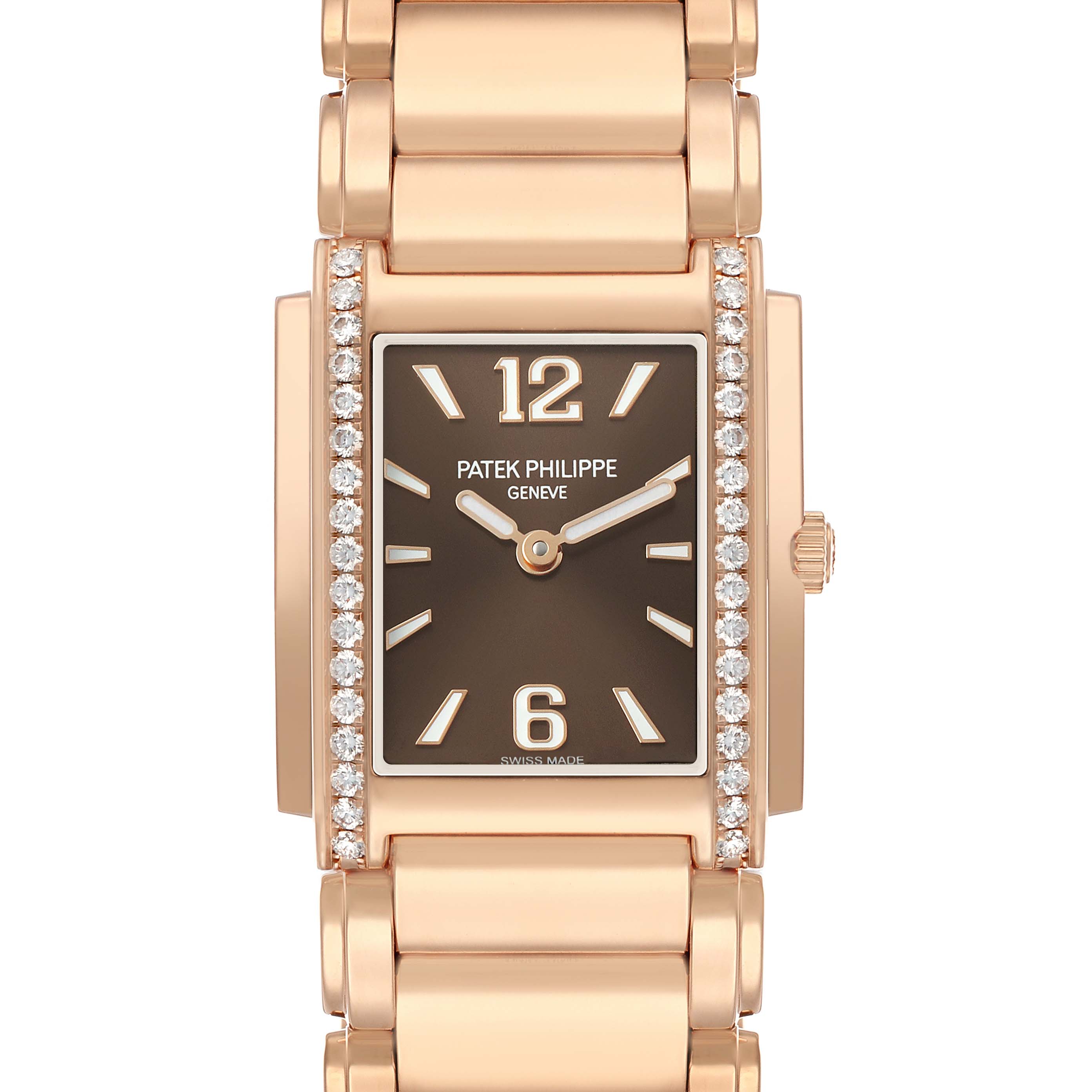 The image shows a front view of the Patek Philippe Twenty-4 4910/1201R-001 Women's Rose Gold Brown Dial watch, highlighting the dial, bracelet, and diamond detailing.