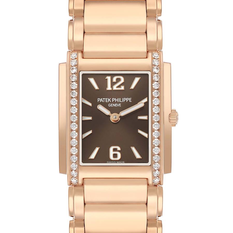 The image shows a front view of the Patek Philippe Twenty-4 4910/1201R-001 Women's Rose Gold Brown Dial watch, highlighting the dial, bracelet, and diamond detailing.