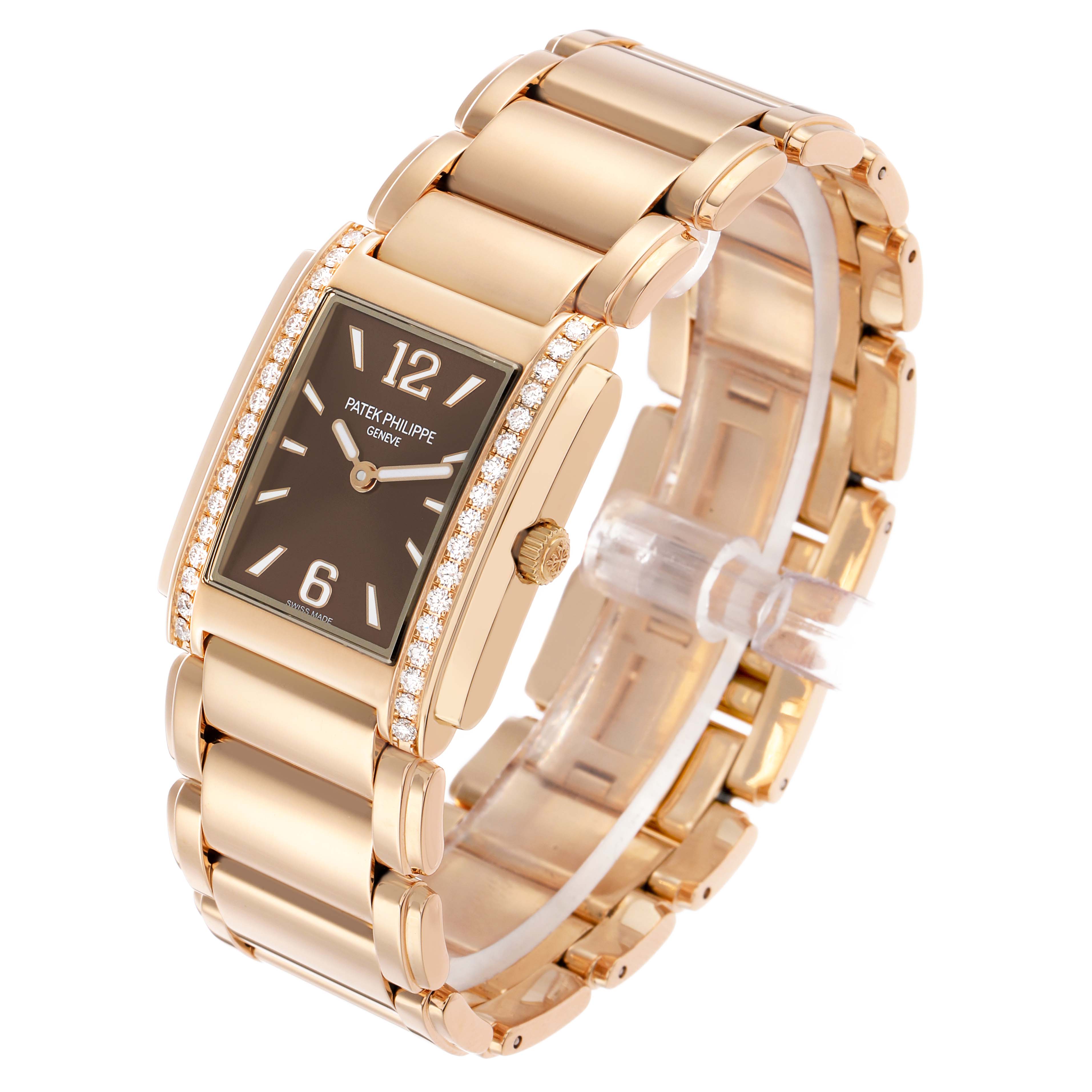The Patek Philippe Twenty-4 4910/1201R-001 Women's Rose Gold Brown Dial watch is shown at a three-quarter angle, highlighting the bracelet, dial, and diamond-set bezel.