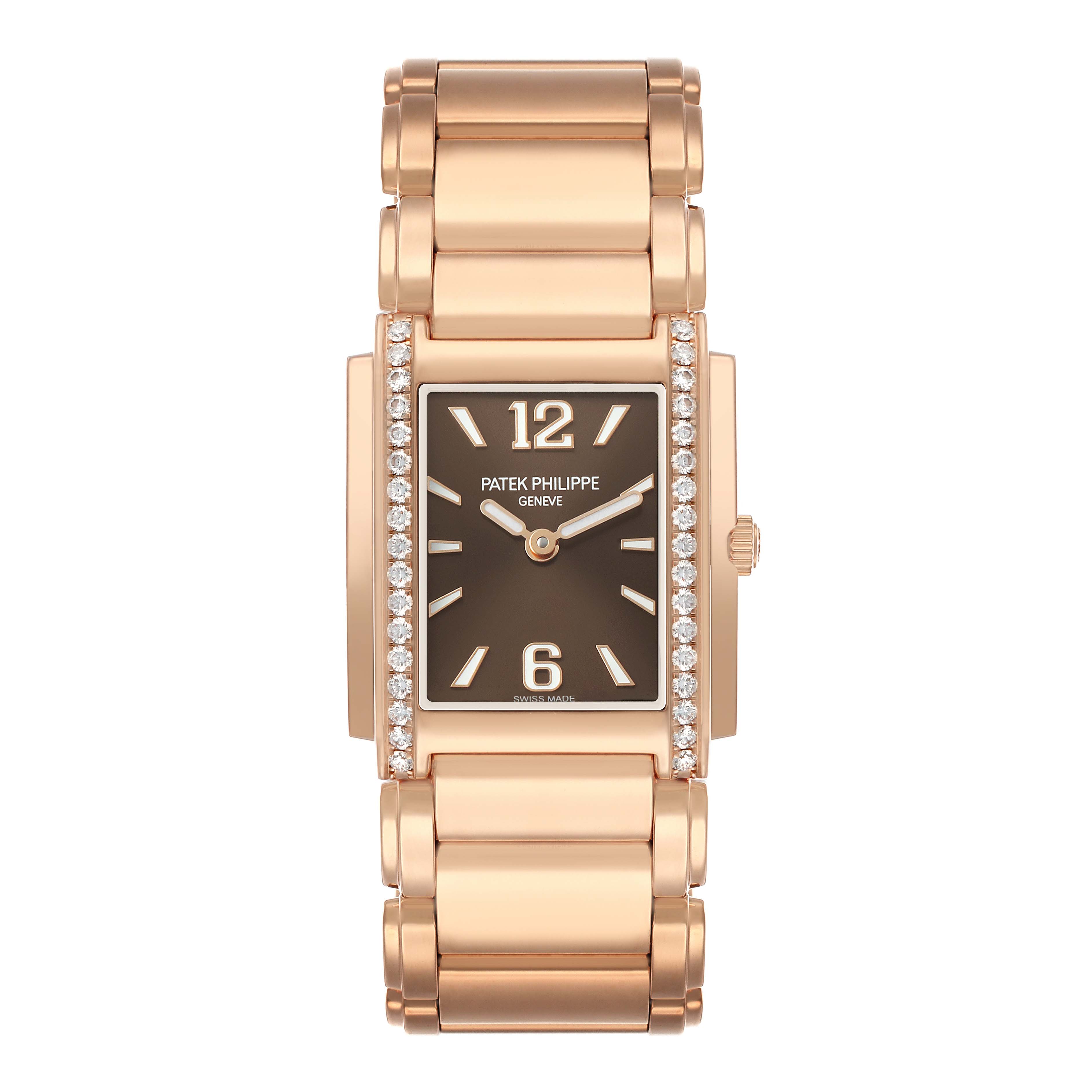 The image shows a Patek Philippe Twenty-4 4910/1201R-001 Women's Rose Gold Brown Dial watch from a top-down angle, highlighting the rectangular face, diamond bezel, and bracelet.