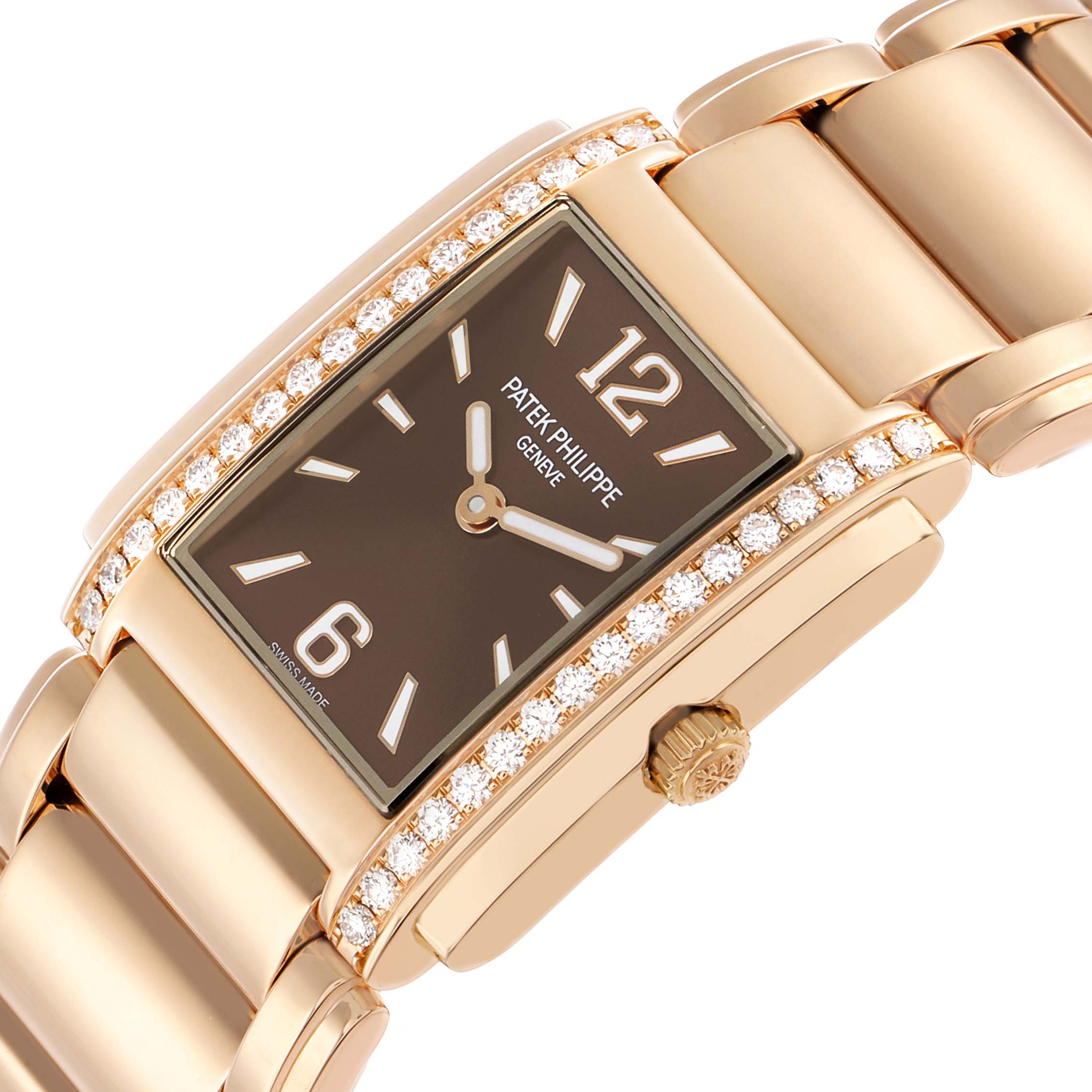 The image shows a Patek Philippe Twenty-4 4910/1201R-001 Women's Rose Gold Brown Dial watch at a slight angle, highlighting its diamond-studded bezel, dial, and crown.
