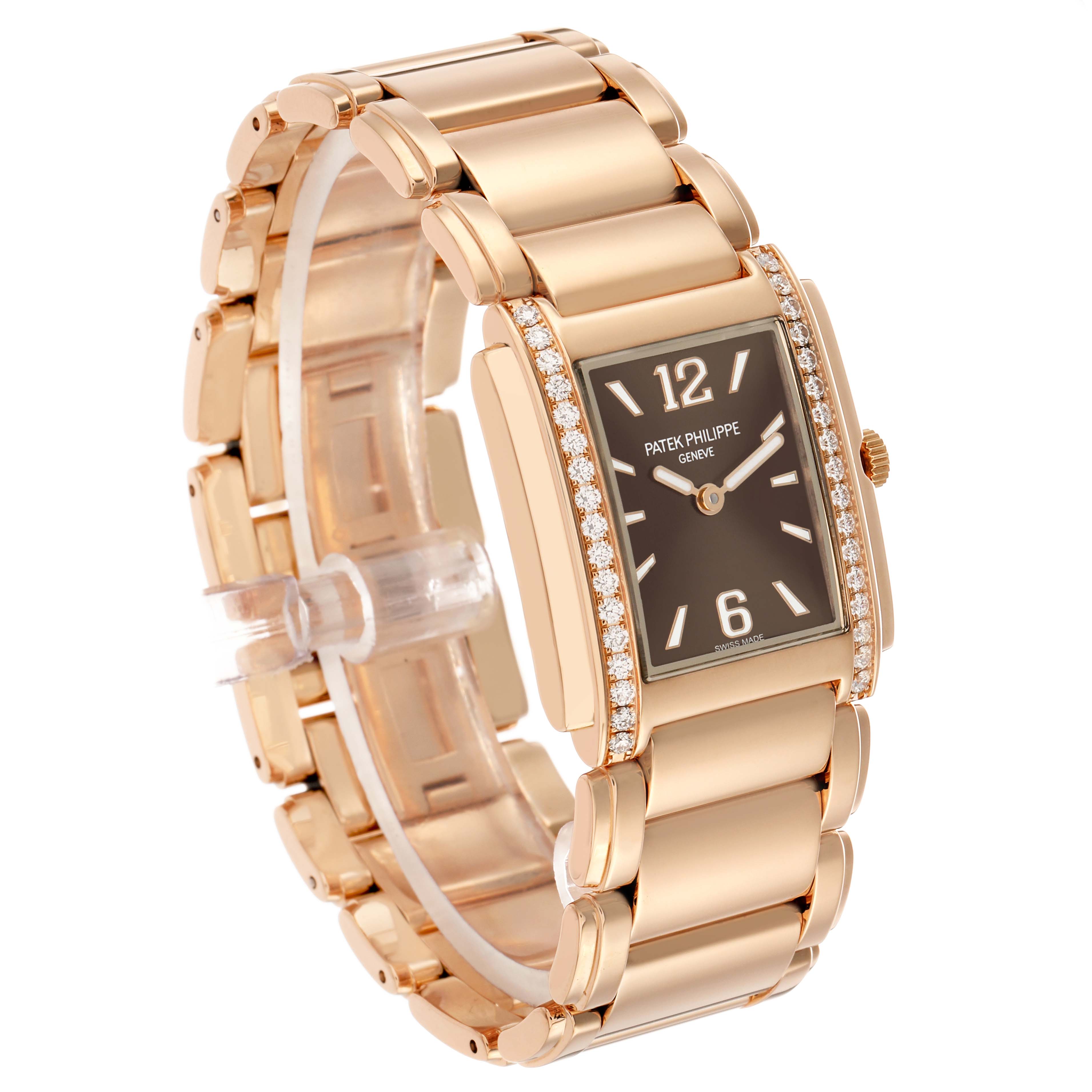 The Patek Philippe Twenty-4 4910/1201R-001 Women's Rose Gold Brown Dial watch is shown in a front-left angled view, highlighting its rectangular face, diamond-set bezel, and linked bracelet.