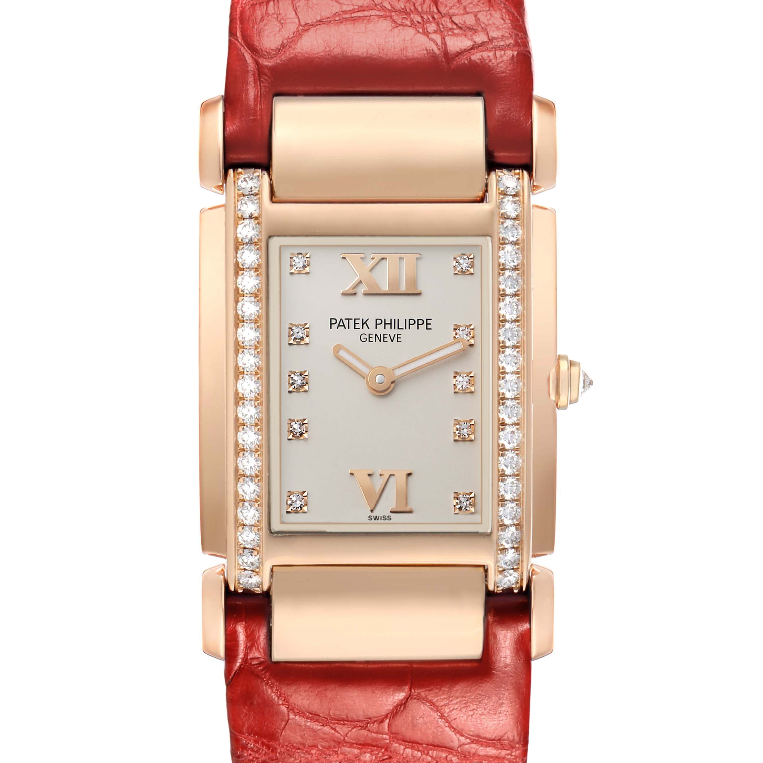 The Patek Philippe Twenty-4 4920R-010 Women's Rose Gold Silver Dial watch is shown from a front angle, highlighting the rectangular face, red strap, and diamond accents.
