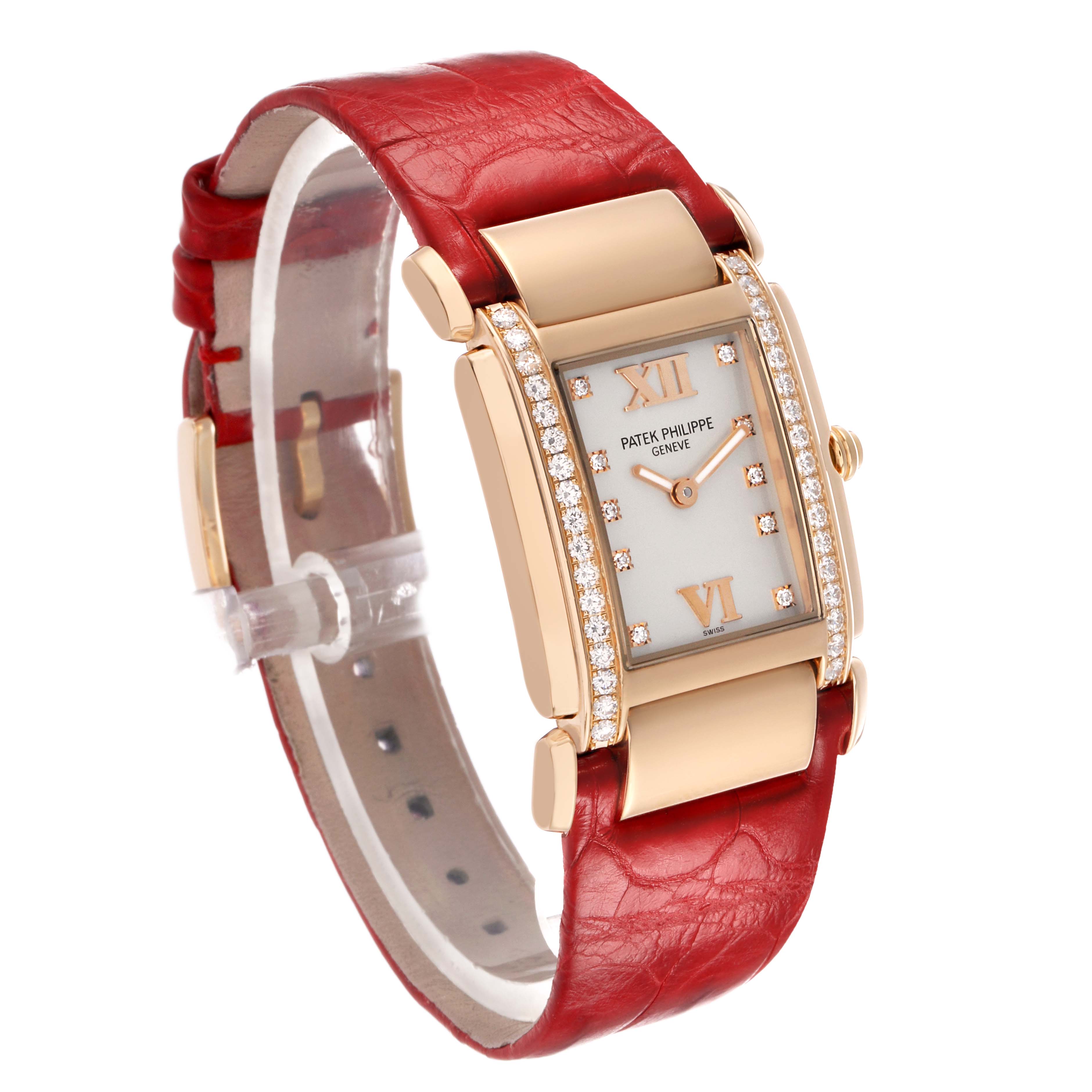 The image shows a side angle view of the Patek Philippe Twenty-4 4920R-010 Women's Rose Gold Silver Dial watch, highlighting its red strap and diamond-accented face.