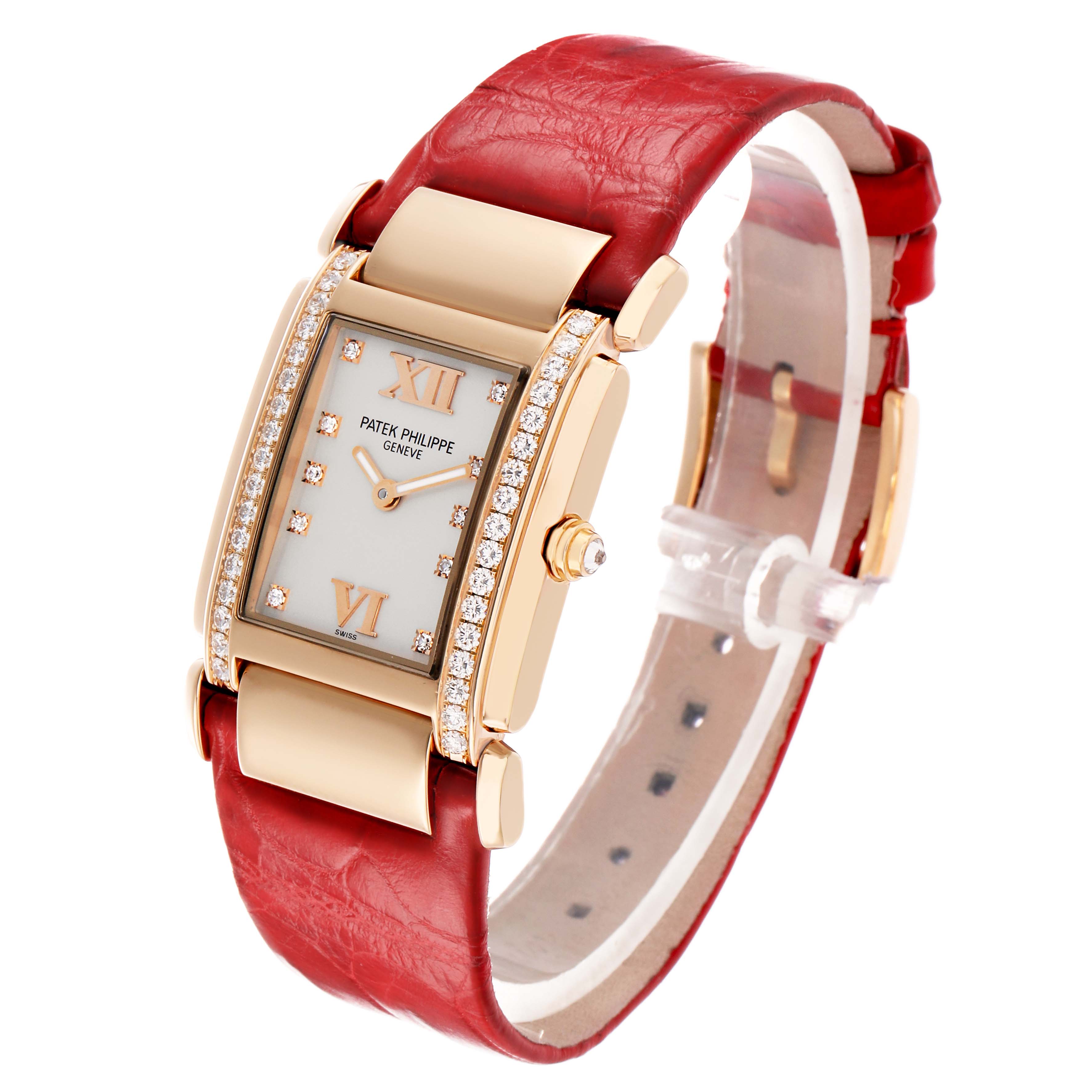 The Patek Philippe Twenty-4 4920R-010 Women's Rose Gold Silver Dial watch is shown at a three-quarter angle, displaying the face, side, and red leather strap.
