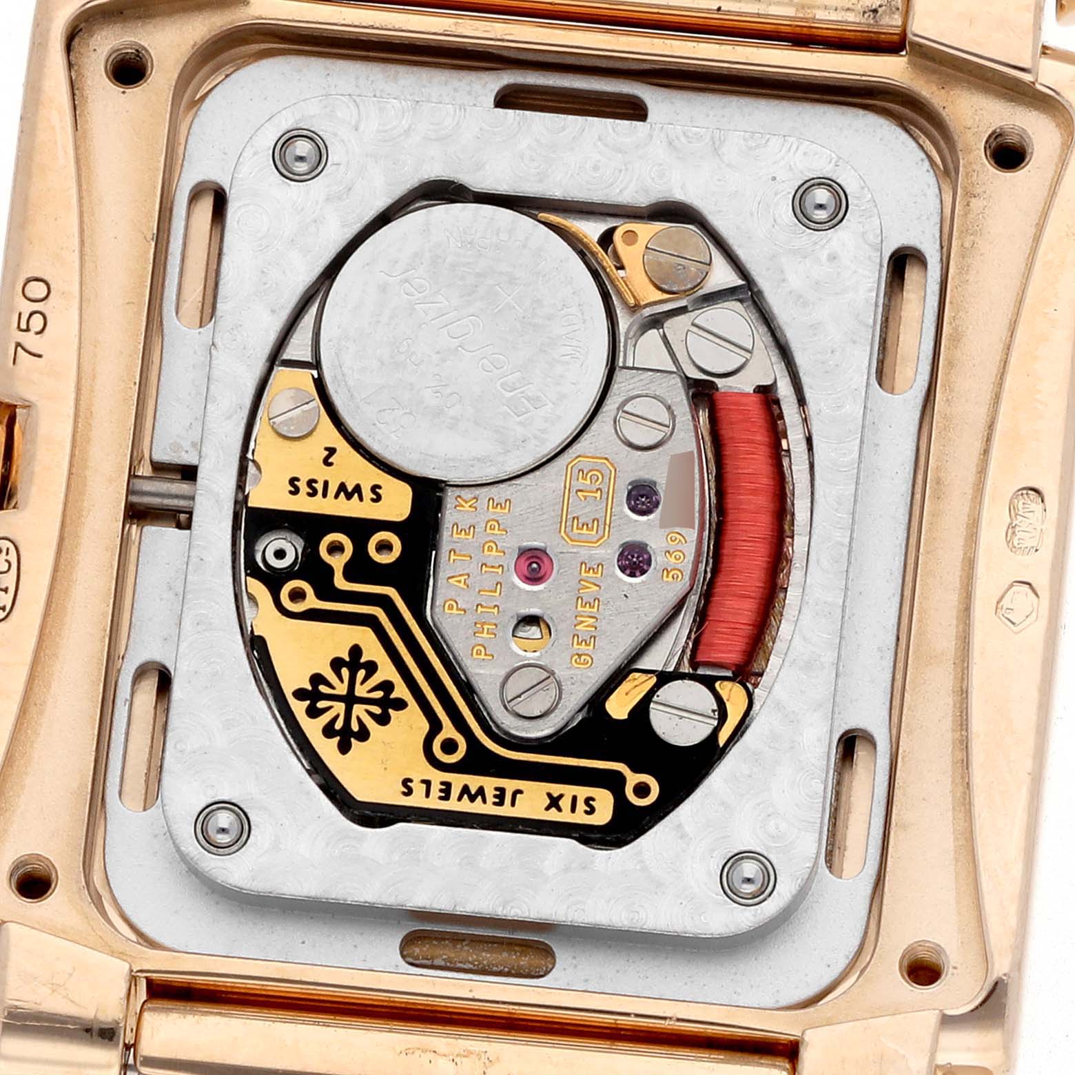 The image shows the back case of a Patek Philippe Twenty-4 4920R-010 Women's Rose Gold Silver Dial, highlighting its internal movement components.
