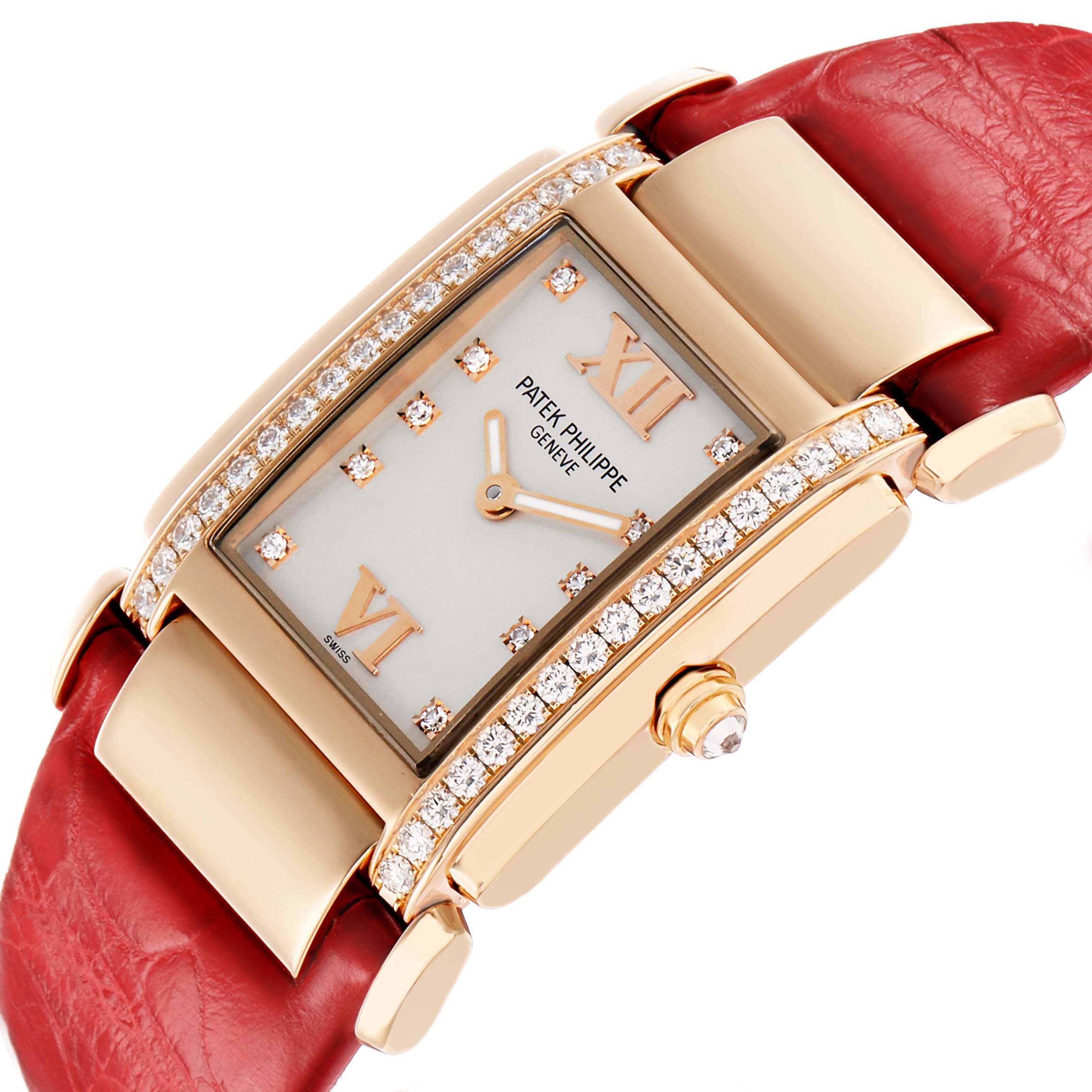 The image shows a Patek Philippe Twenty-4 4920R-010 Women's Rose Gold Silver Dial watch at a slight angle, highlighting its diamond-studded case, dial, and red strap.