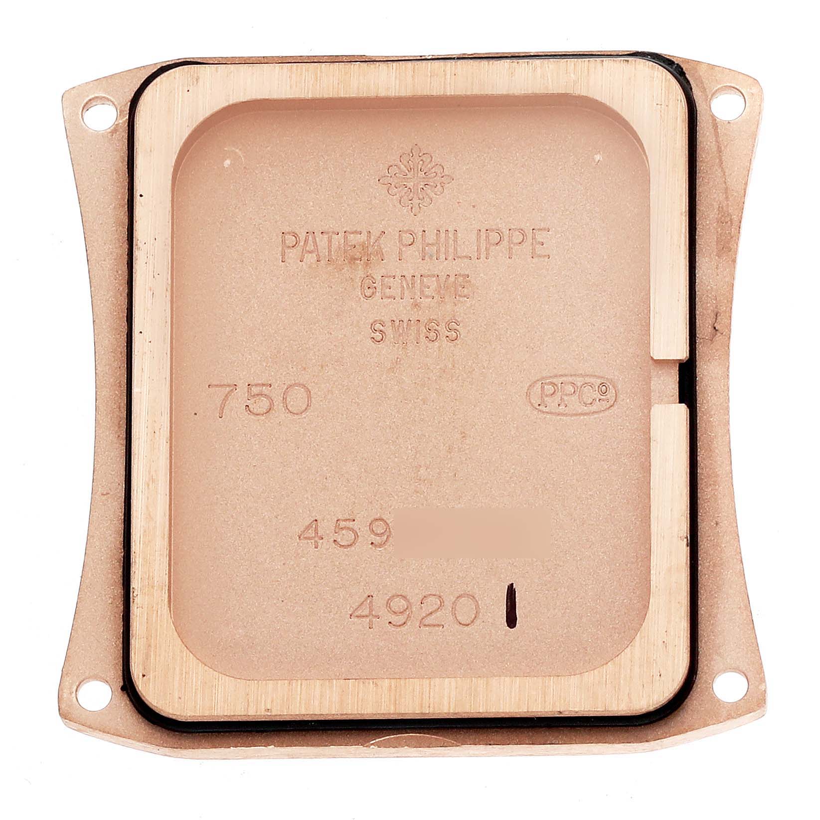 The image shows the case back of a Patek Philippe Twenty-4 4920R-010 Women's Rose Gold Silver Dial watch, viewed from the inside.