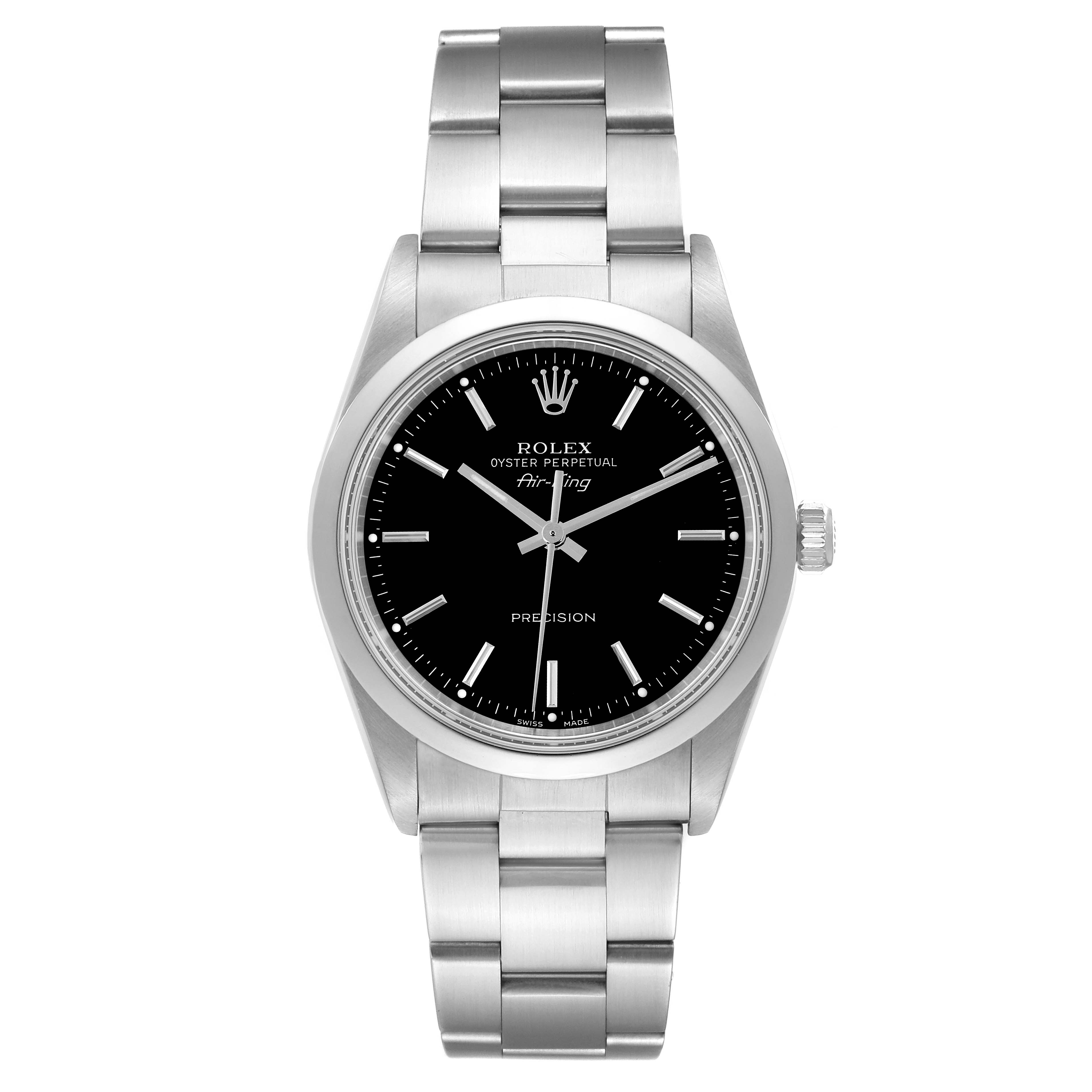 The Rolex Air-King 14000 Men's Stainless Steel Black Dial 14000 Men's Stainless Steel Black Dial watch is shown from the front, detailing the face, bezel, and bracelet.