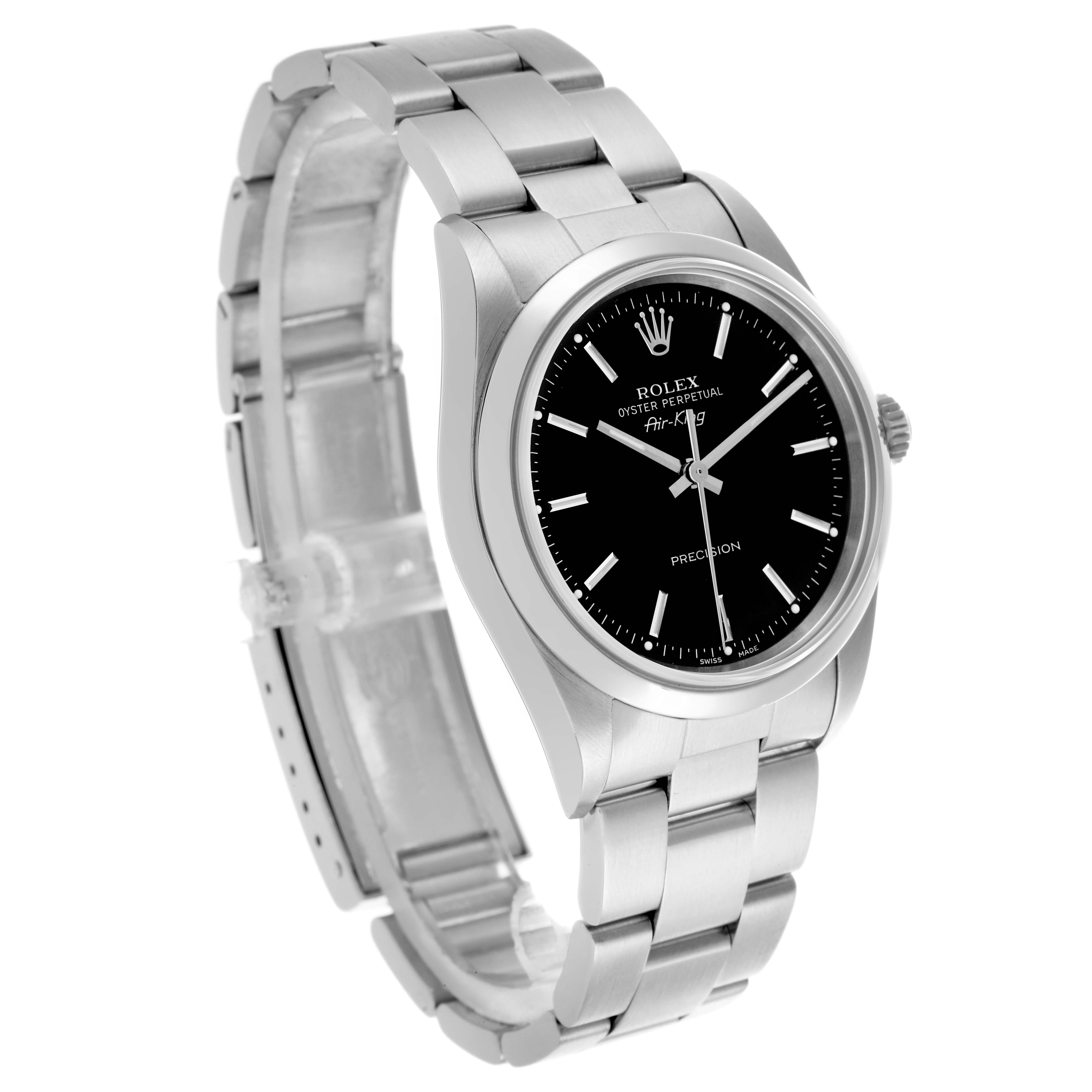 The image shows a side angle of the Rolex Air-King 14000 Men's Stainless Steel Black Dial 14000 Men's Stainless Steel Black Dial watch, displaying the bracelet and dial prominently.