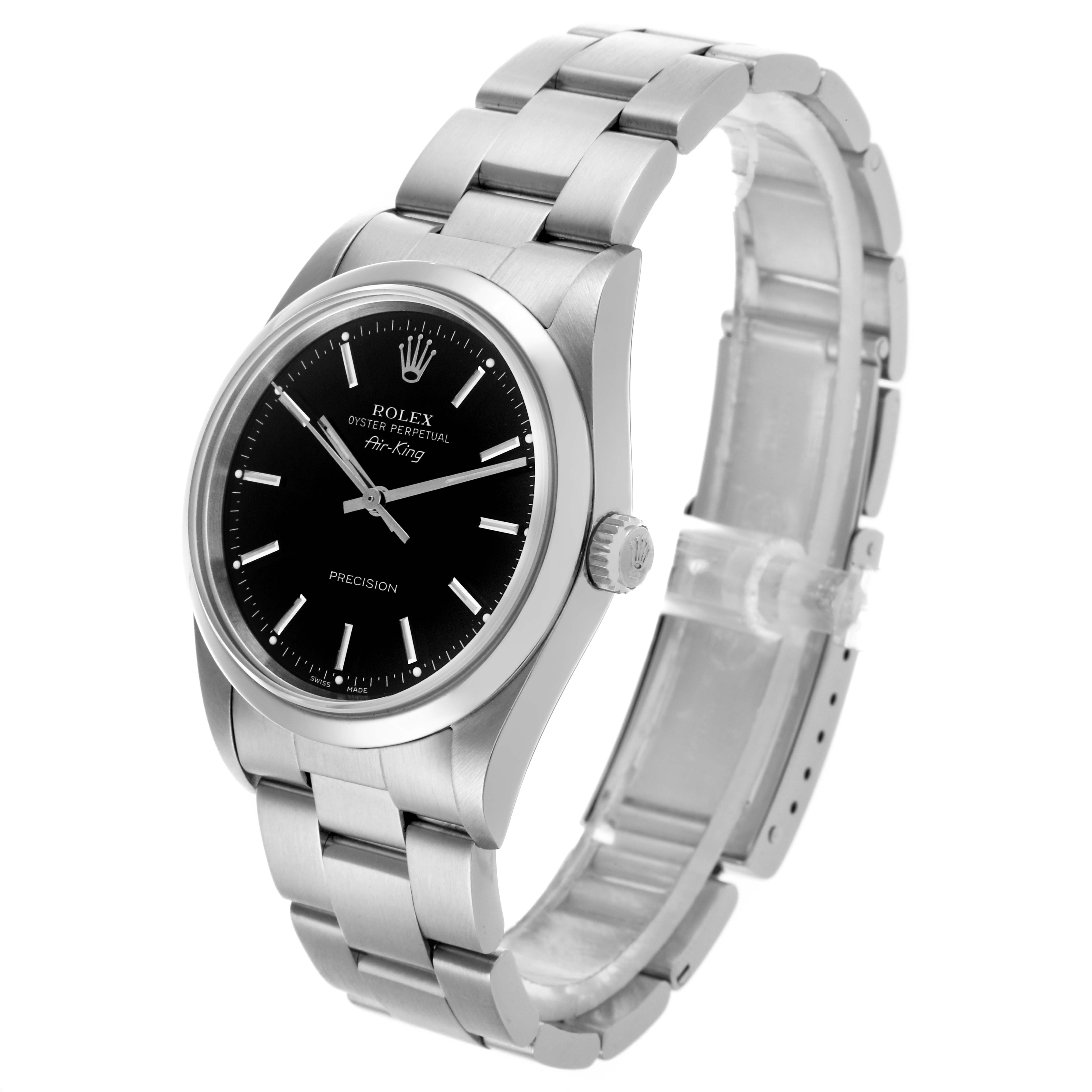 The Rolex Air-King 14000 Men's Stainless Steel Black Dial 14000 Men's Stainless Steel Black Dial watch is shown at a three-quarter angle, displaying the face, crown, and bracelet.