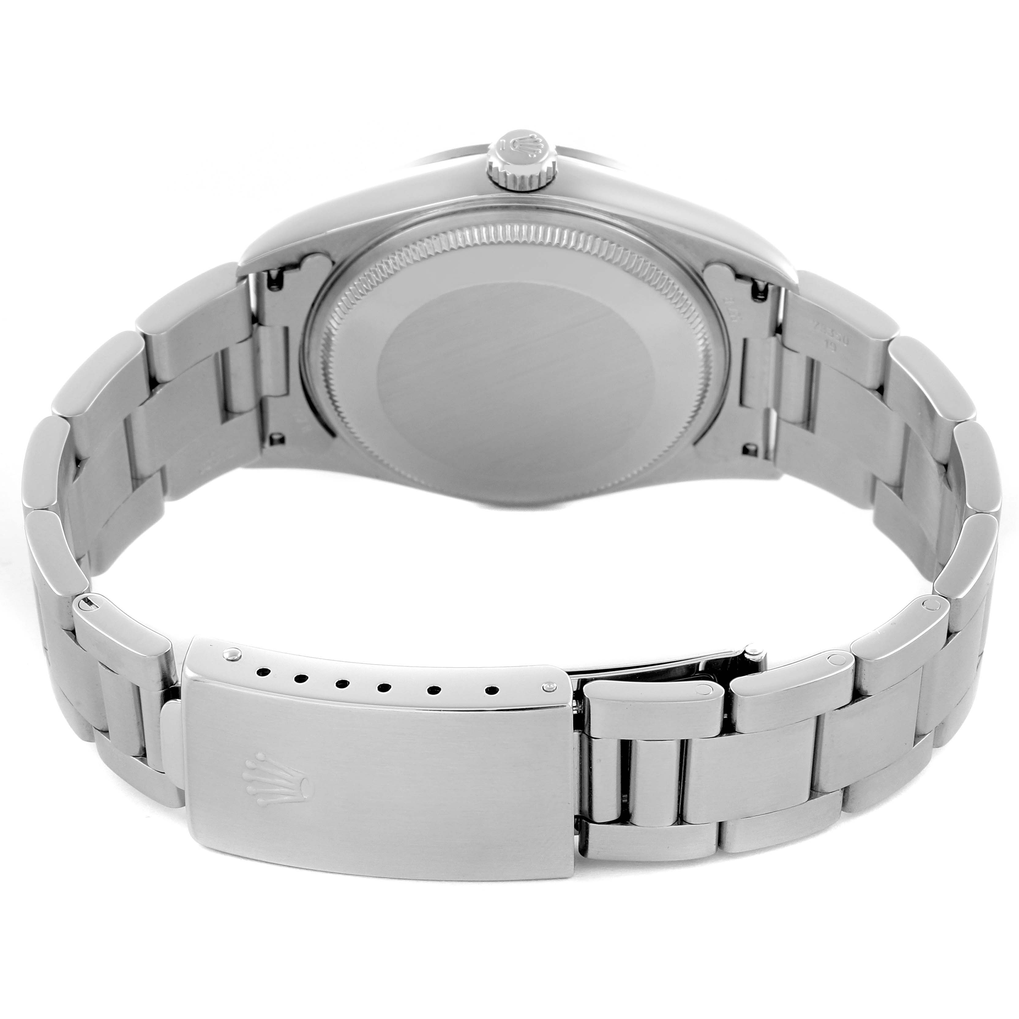 The image shows the back case and bracelet clasp of a Rolex Air-King 14000 Men's Stainless Steel Black Dial 14000 Men's Stainless Steel Black Dial watch viewed from the rear.