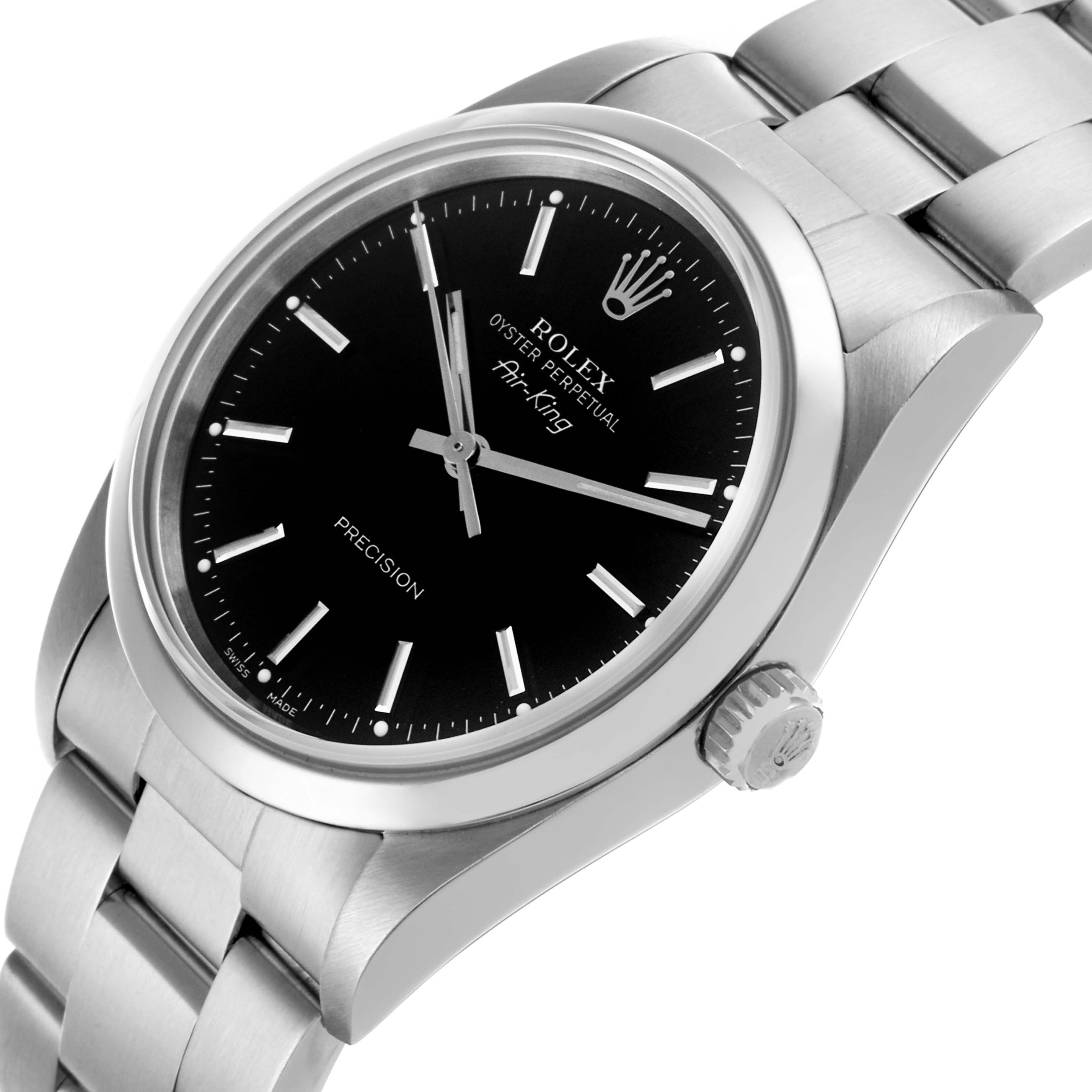 The Rolex Air-King 14000 Men's Stainless Steel Black Dial 14000 Men's Stainless Steel Black Dial watch is shown at an angled side view, highlighting the face, bezel, crown, and bracelet.