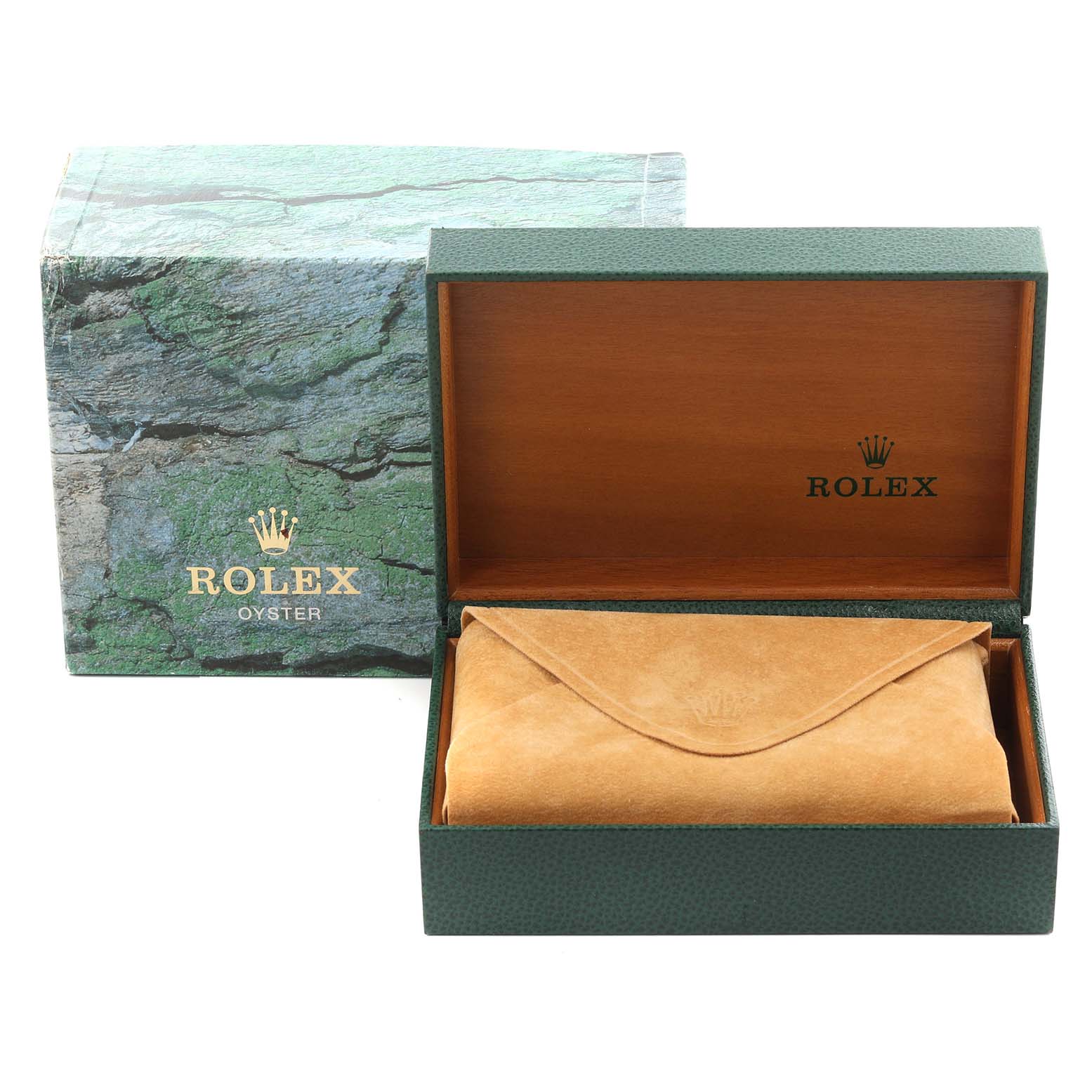 The image shows a Rolex Air-King 14000 Men's Stainless Steel Black Dial 14000 Men's Stainless Steel Black Dial box with its lid open, displaying a leather pouch inside.