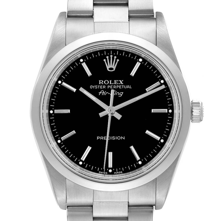 The Rolex Air-King watch is shown from a front angle, displaying the dial, bezel, and part of the bracelet.