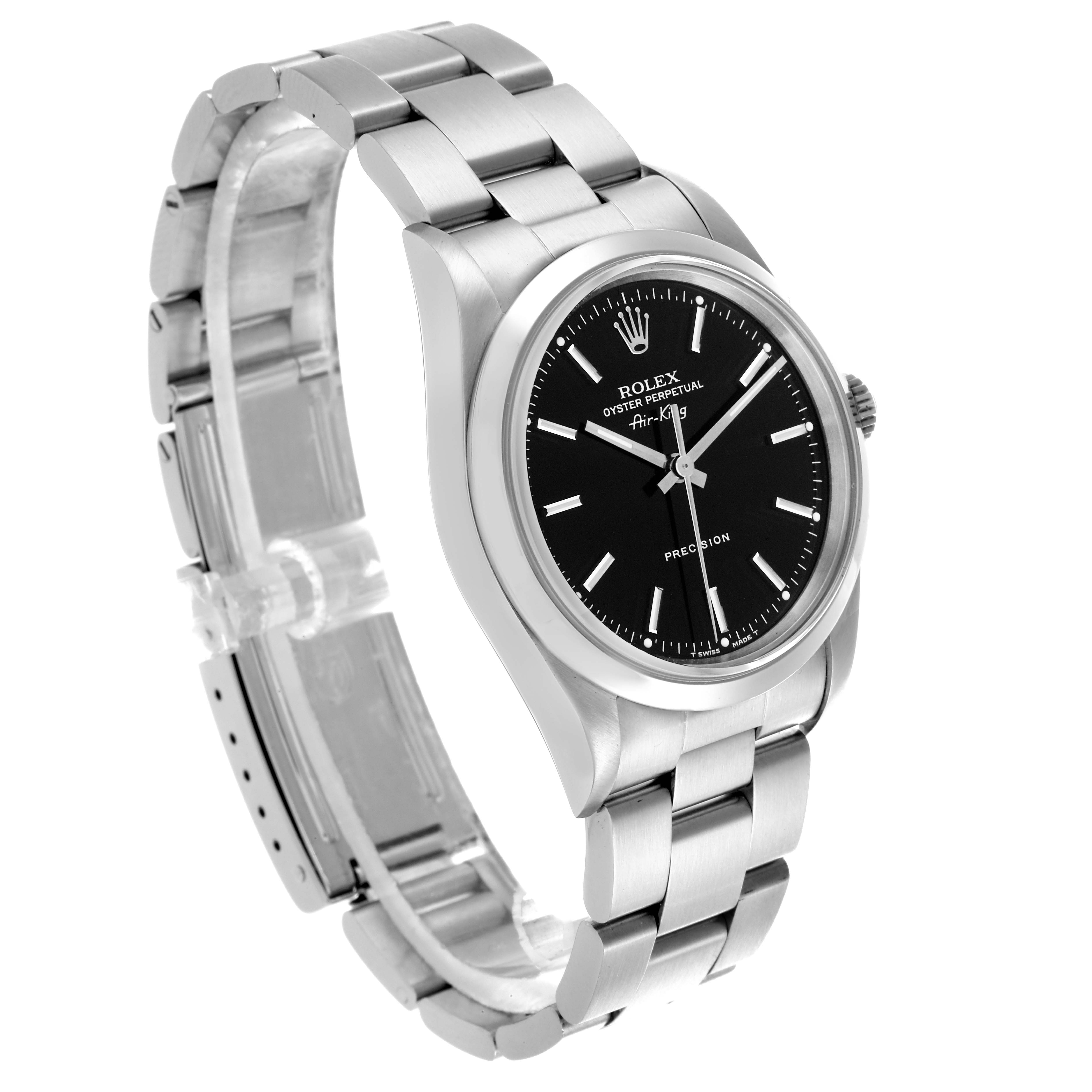 The Rolex Air-King 14000 Men's Stainless Steel Black Dial 14000 Men's Stainless Steel Black Dial watch is shown at a three-quarter angle, displaying the face, bezel, crown, and bracelet.