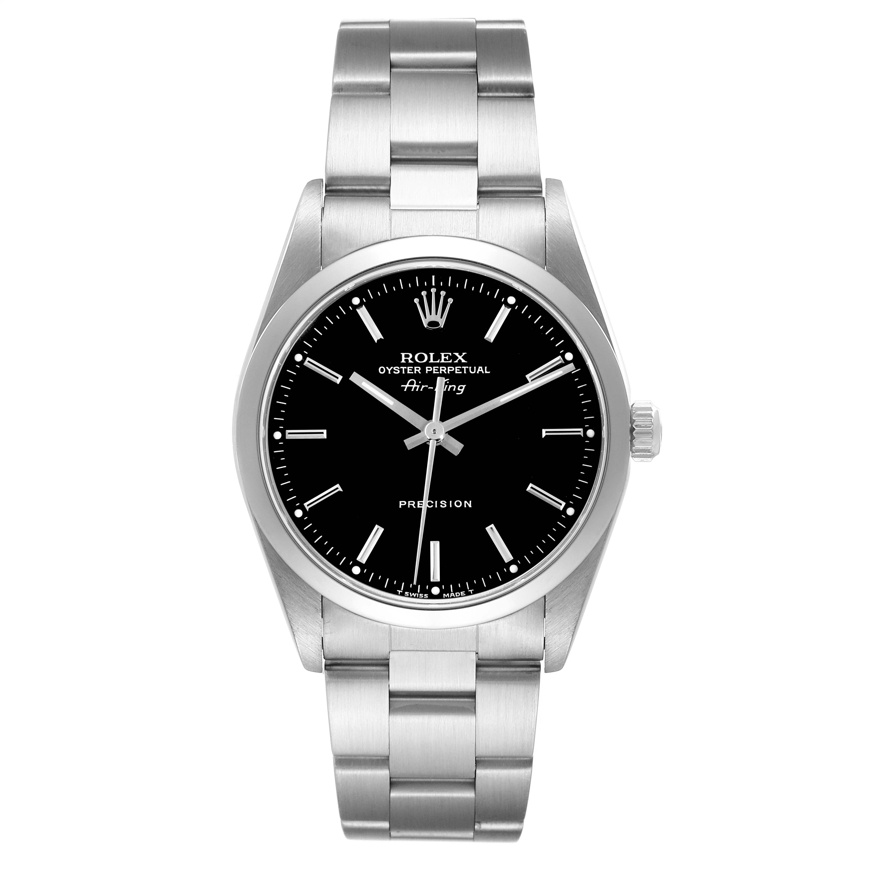 The Rolex Air-King 14000 Men's Stainless Steel Black Dial 14000 Men's Stainless Steel Black Dial watch is shown from the front, displaying its black dial, silver-tone indexes, and bracelet.