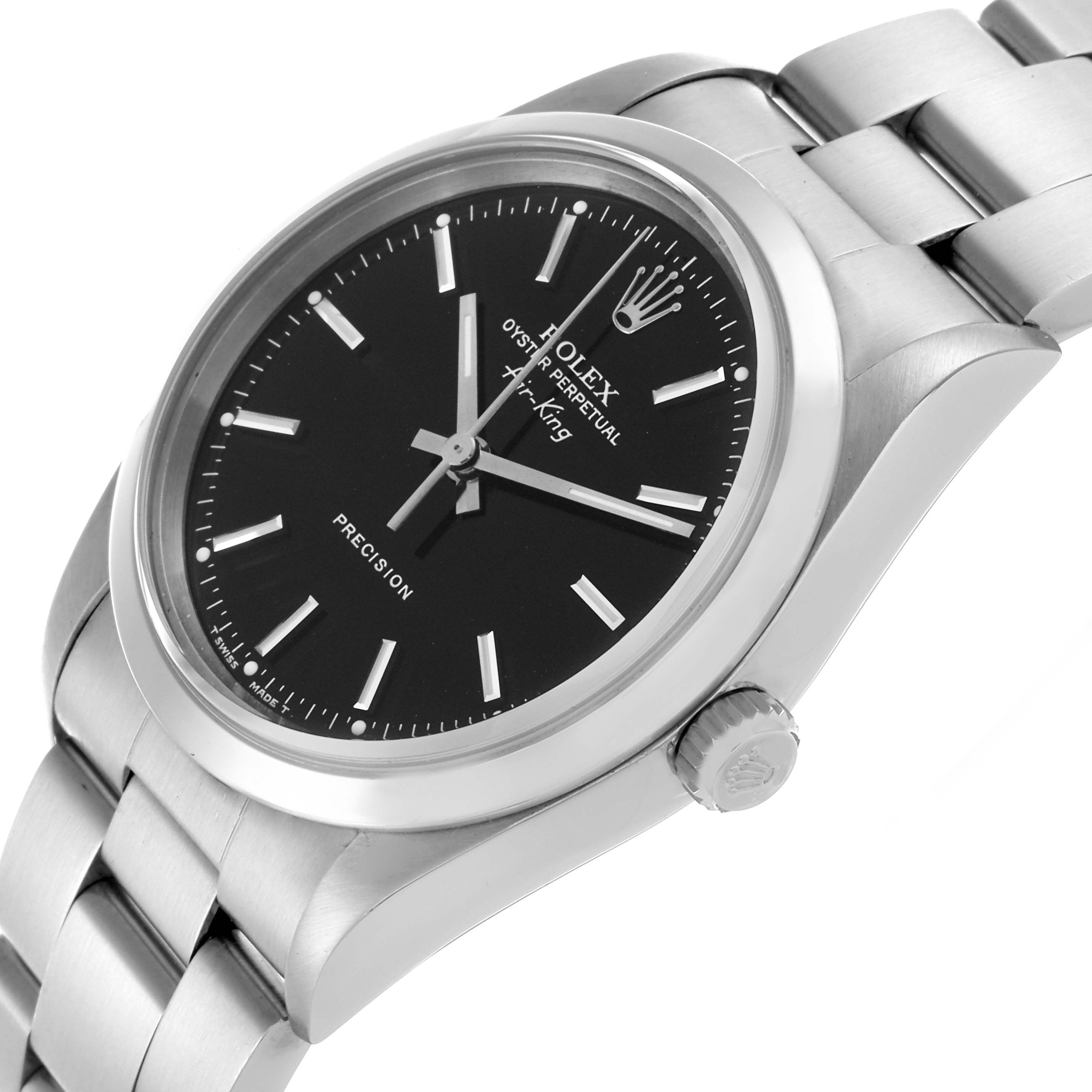 The Rolex Air-King 14000 Men's Stainless Steel Black Dial 14000 Men's Stainless Steel Black Dial watch is shown at an angle highlighting the dial, bezel, crown, and part of the bracelet.