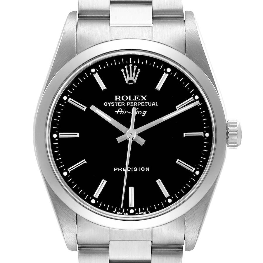 The Rolex Air-King watch is shown from a front angle, displaying the dial, case, and bracelet.