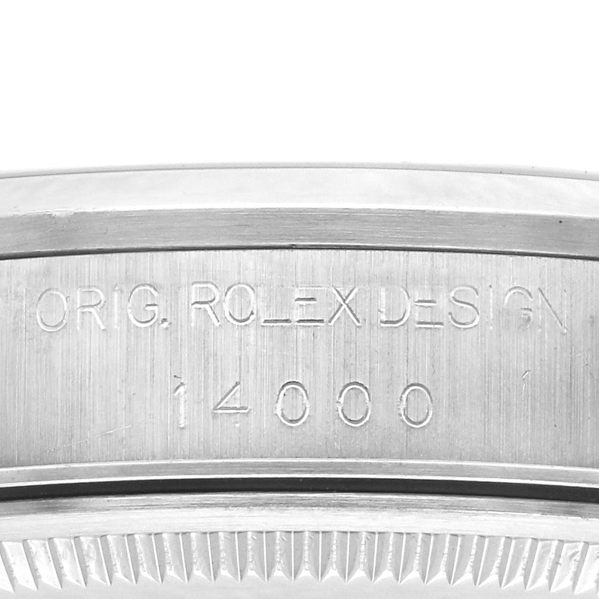The image shows the engraved side of the Rolex Air-King 14000 Men's Stainless Steel Black Dial 14000 Men's Stainless Steel Black Dial watch case, displaying "ORIG. ROLEX DESIGN 14000."