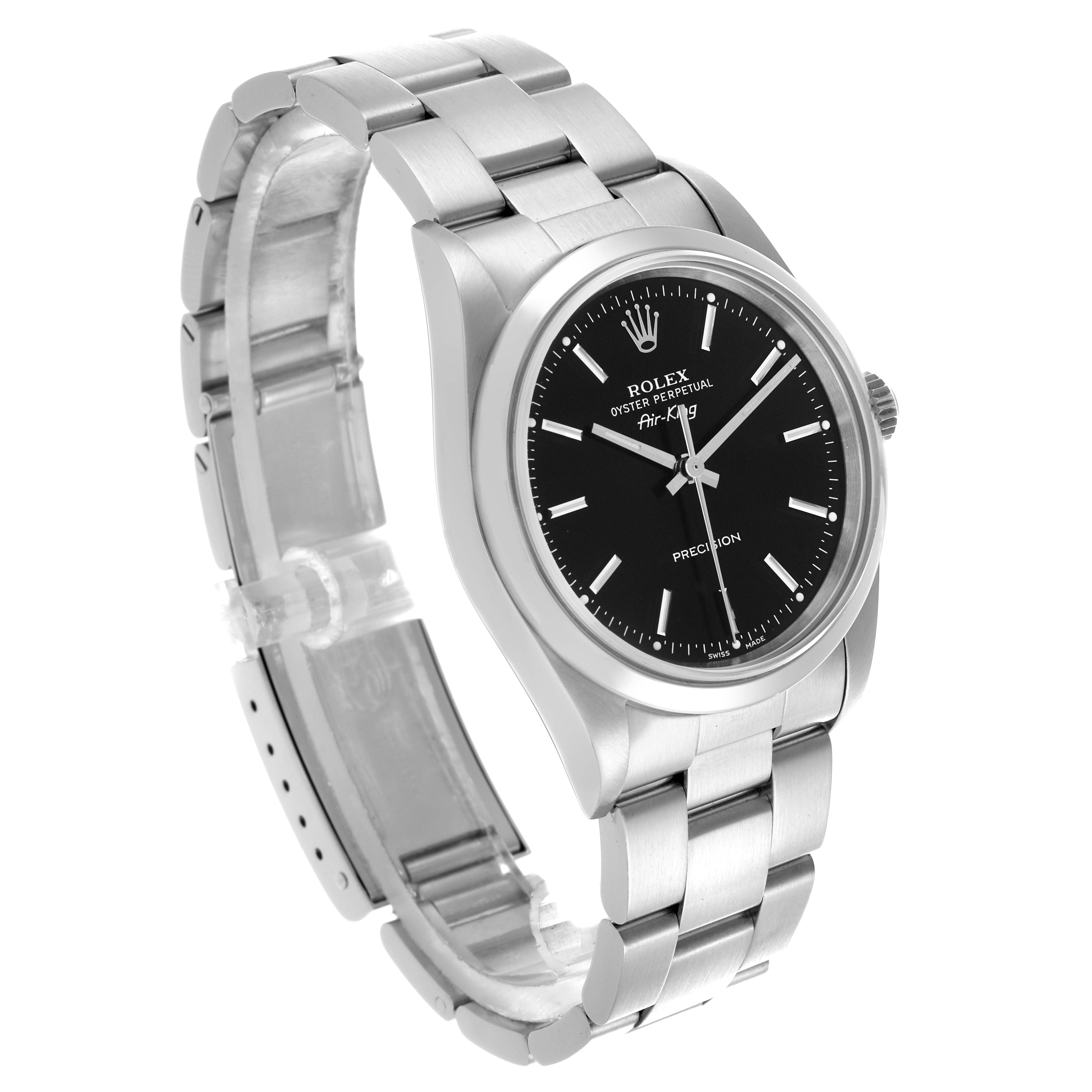 The Rolex Air-King 14000M Men's Stainless Steel Black Dial 14000M Men's Stainless Steel Black Dial watch is shown from a 3/4 angle, displaying the bracelet, case, dial, and crown.